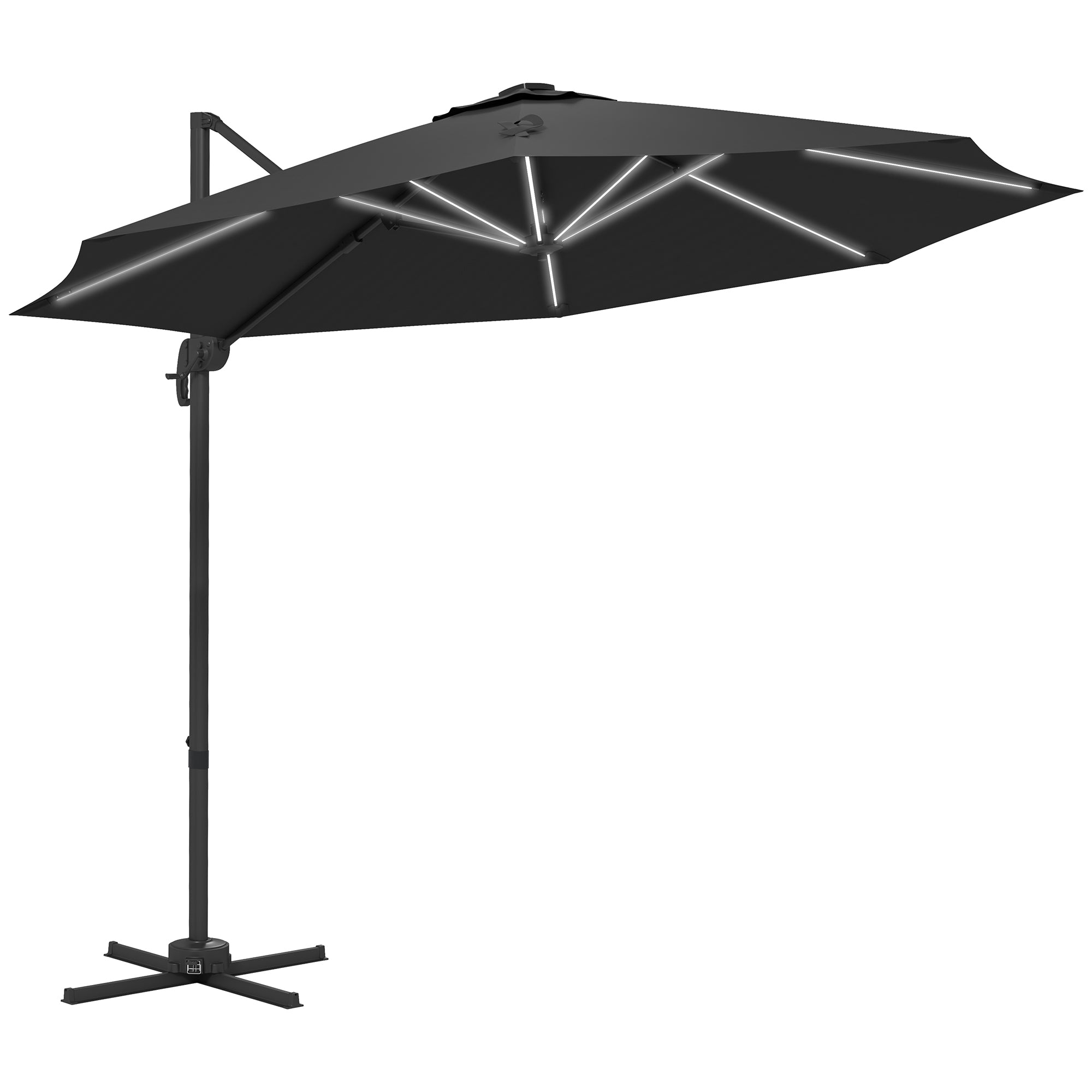 3(m) Adjustable Cantilever Parasol with Base, Solar LED Lights, Dark Grey