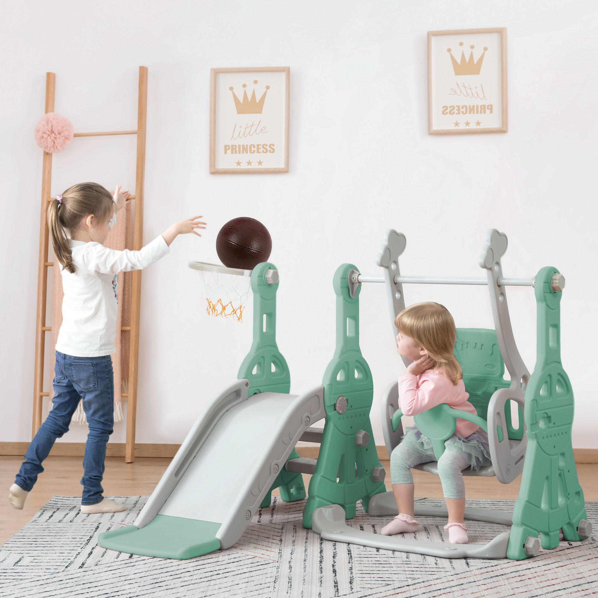 4-in-1 Children's Slide and Swing Set with Basketball Hoop and Climbing Ladder, Garden Slide Toddlers Climber, 140L x 118W x 102H cm, Green