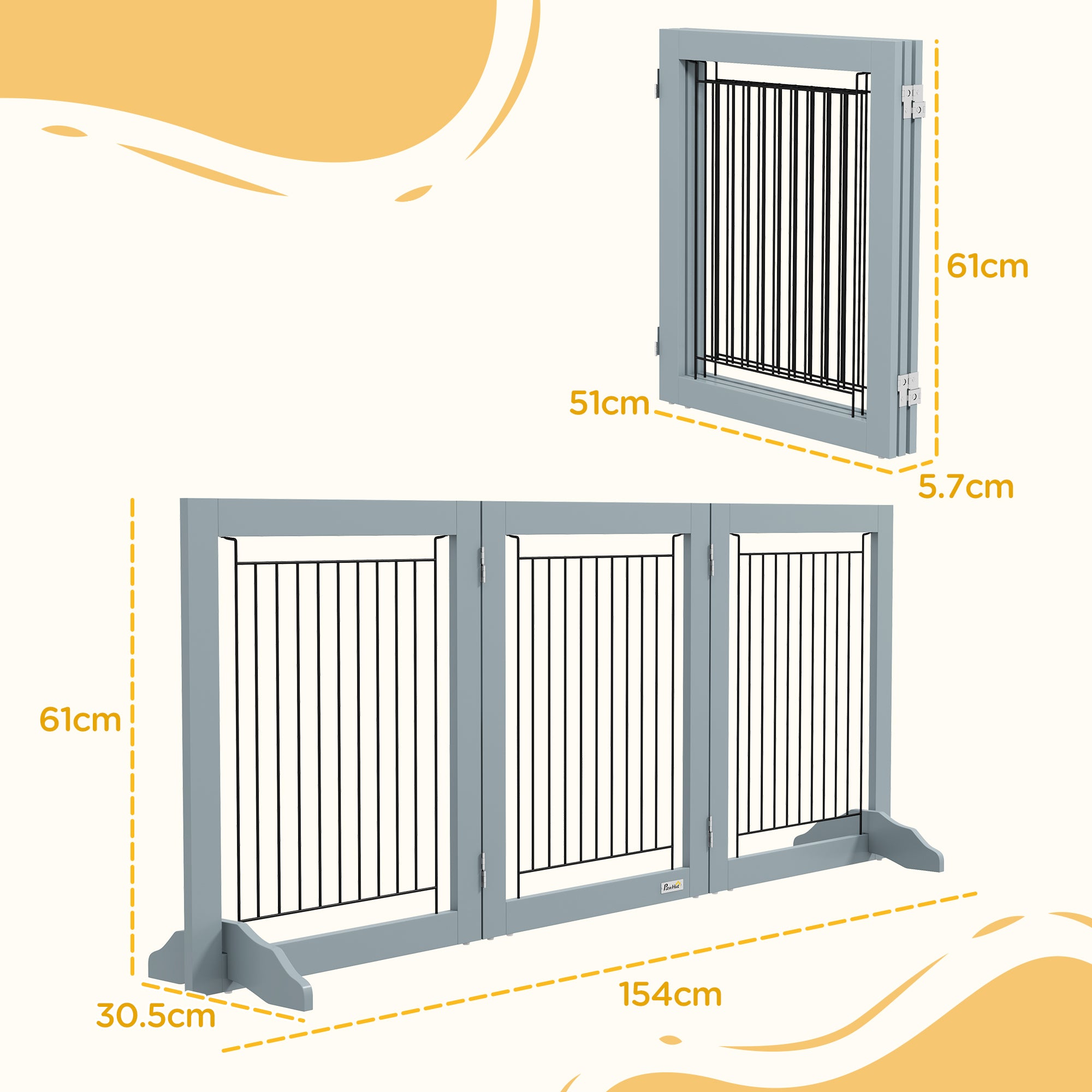 Foldable Three-Panel Pet Gate with Two Support Feet - Grey