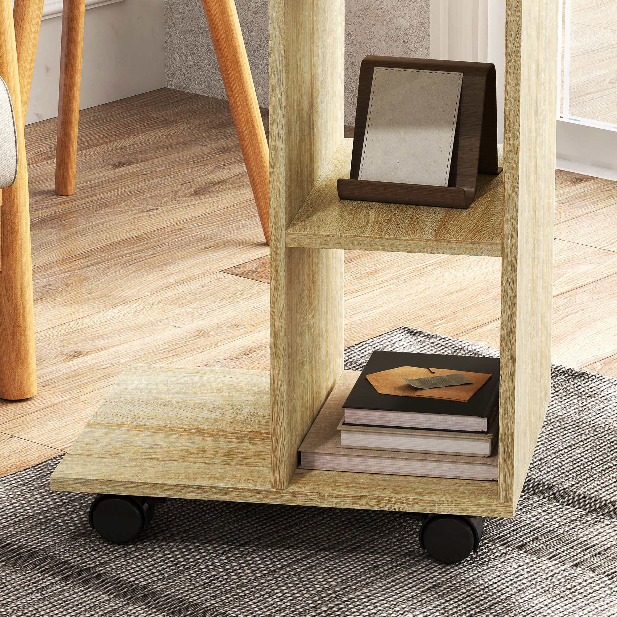 C-Shape End Table Unique Storage Unit w/ 2 Shelves 4 Wheels Freestanding Home Office Furniture Cabinet Square Studio Natural