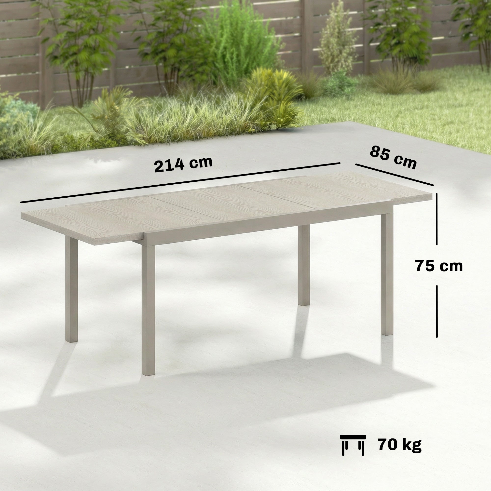 Extending Garden Table, Aluminium Outdoor Dining Table for 8-10 with Wood-Like Grained Surface, Light Grey Wood Effect