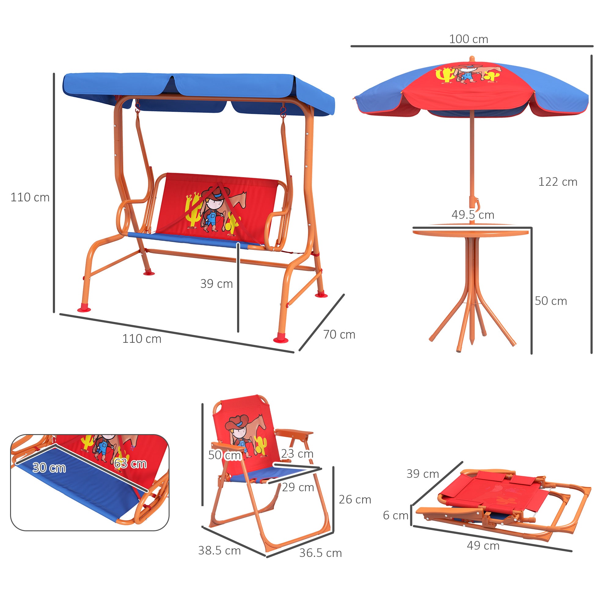 4 Piece Kids Garden Furniture Set with Adjustable Canopy, Cowboy Themed, Kids Garden Table and Chair Set and Double Seat Swing Chair for Patio Park Porch, for Ages 3-6 Years - Red and Blue