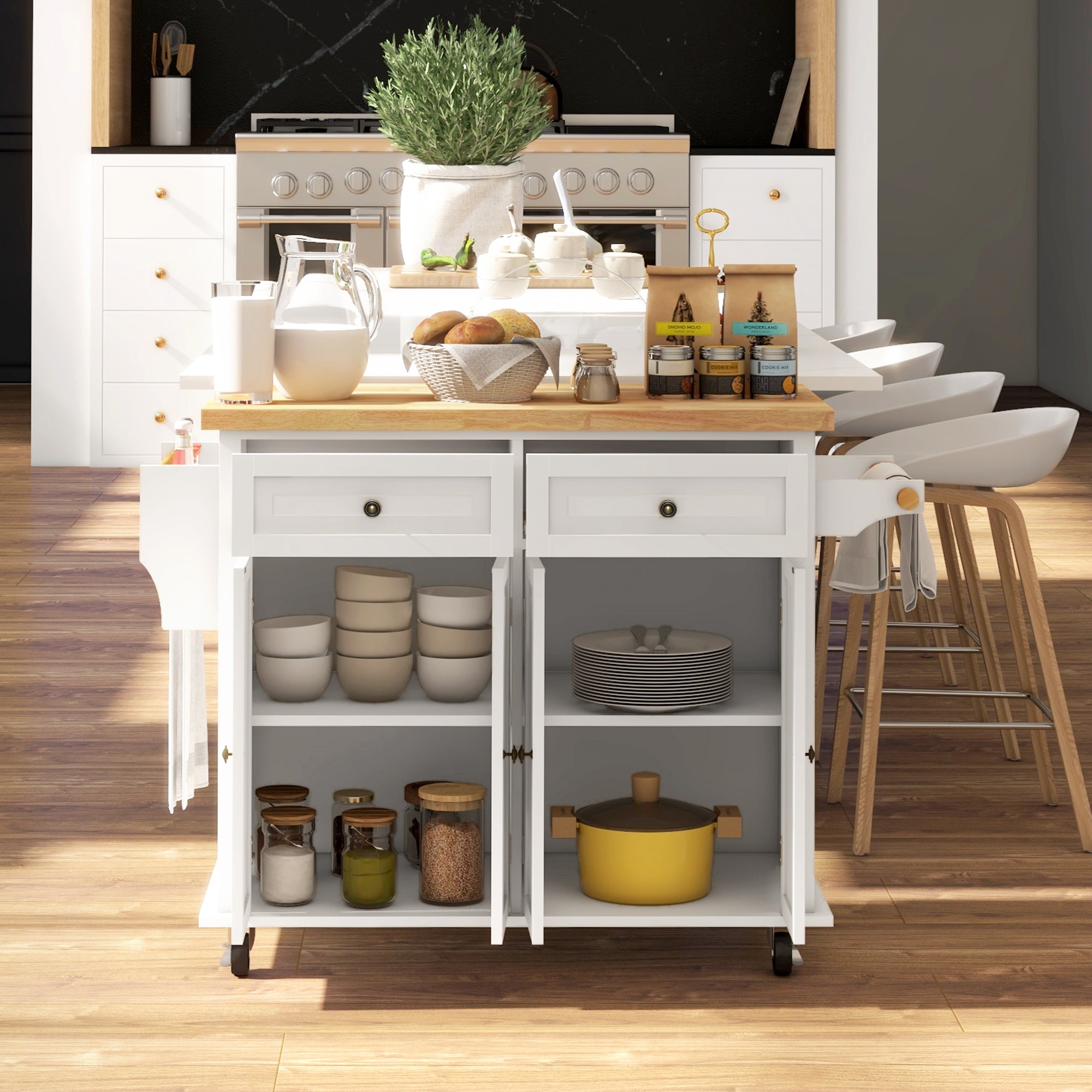 Rolling Kitchen Island Storage Trolley with Rubber Wood Top & Drawers for Dining Room, Cream White
