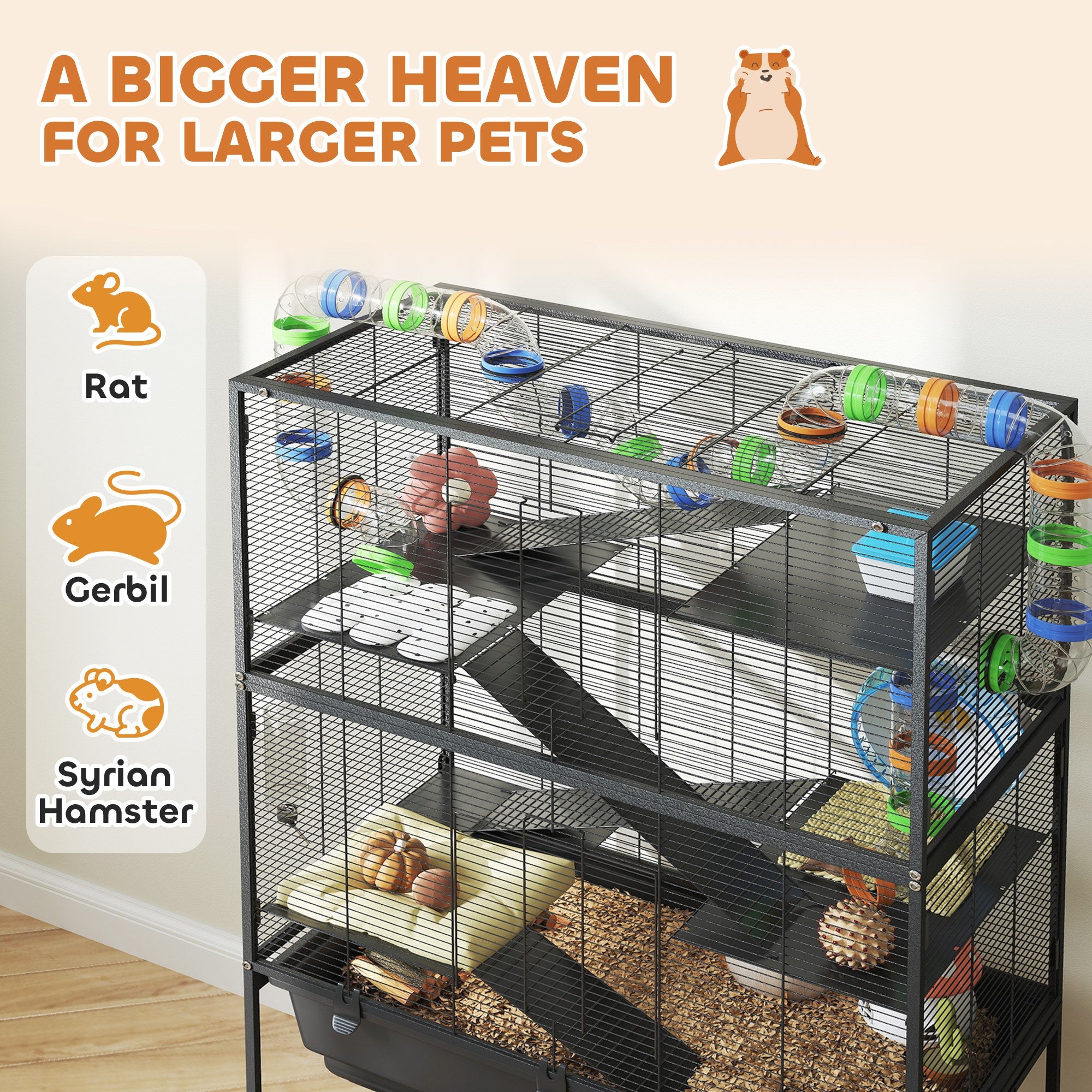 5 Tier Large Hamster Cage on Wheels with 17 cm Deep Tray, Storage Shelf for Syrian, Gerbil, Rats