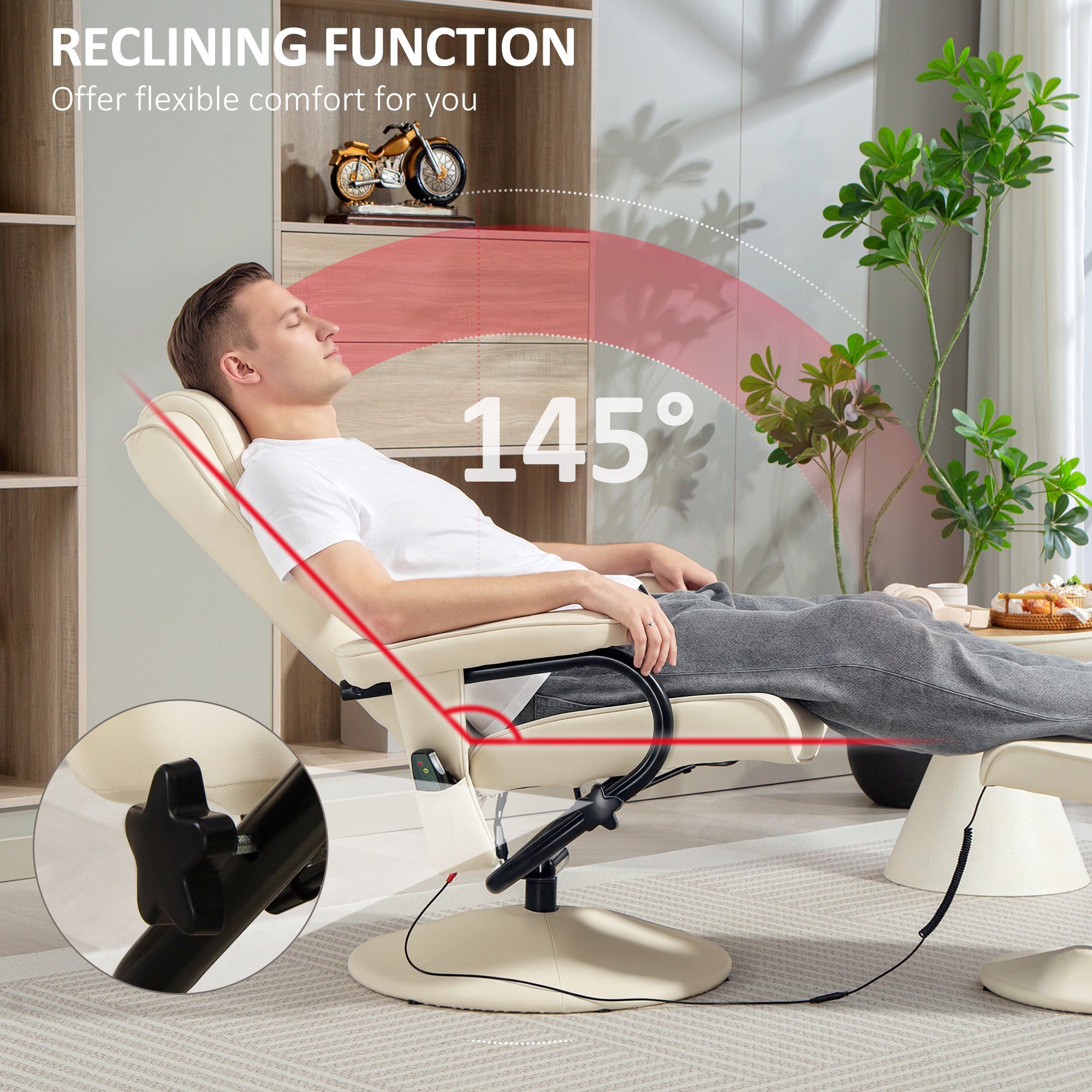 Swivel Recliner Chair and Footstool, Faux Leather Massage Recliner Armchair with Remote Control and Round Wrapped Base, Cream White