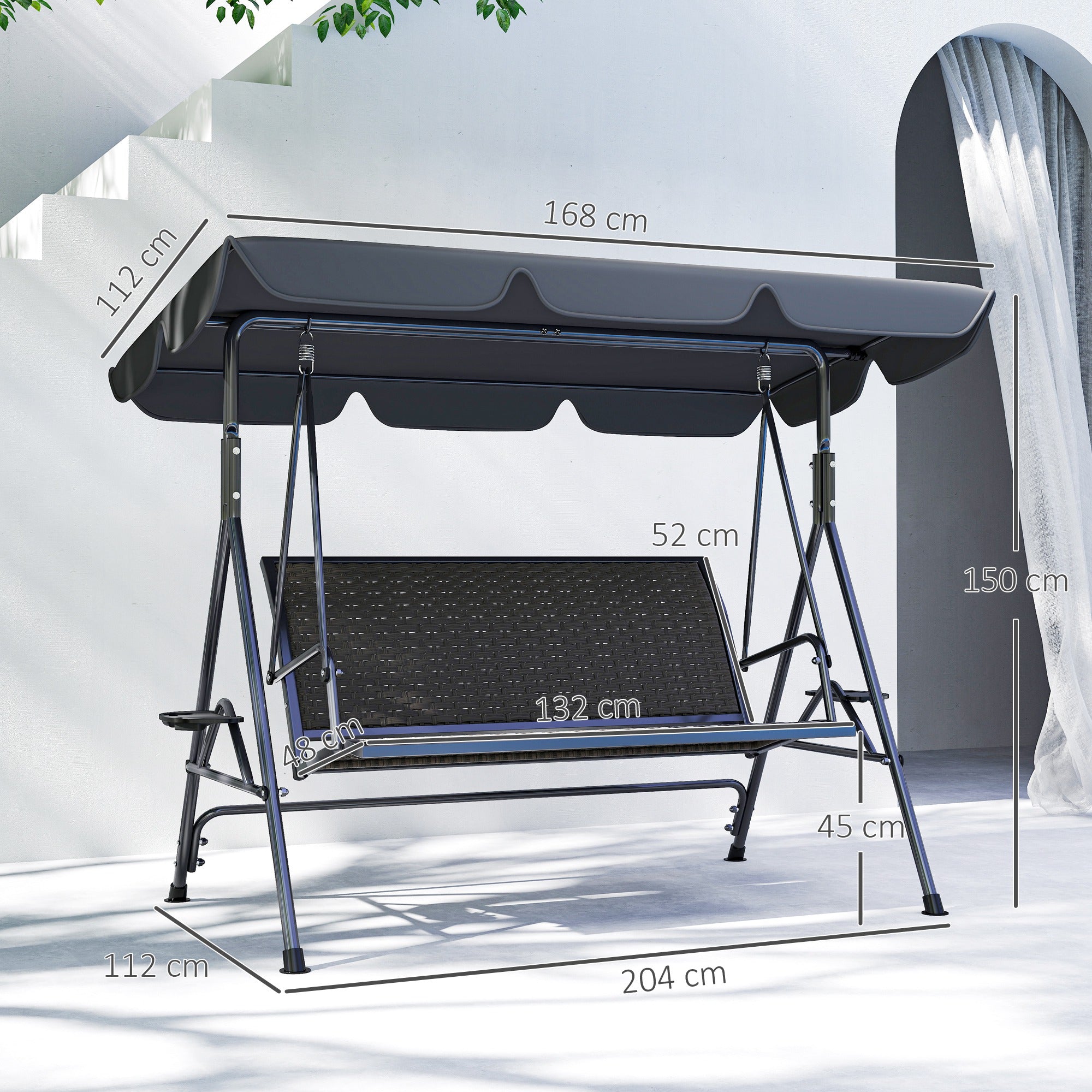 3 Seater Swing Chair, Garden Swing Seat Bench with Adjustable Canopy, Rattan Seat and Steel Frame for Patio, Yard, Grey
