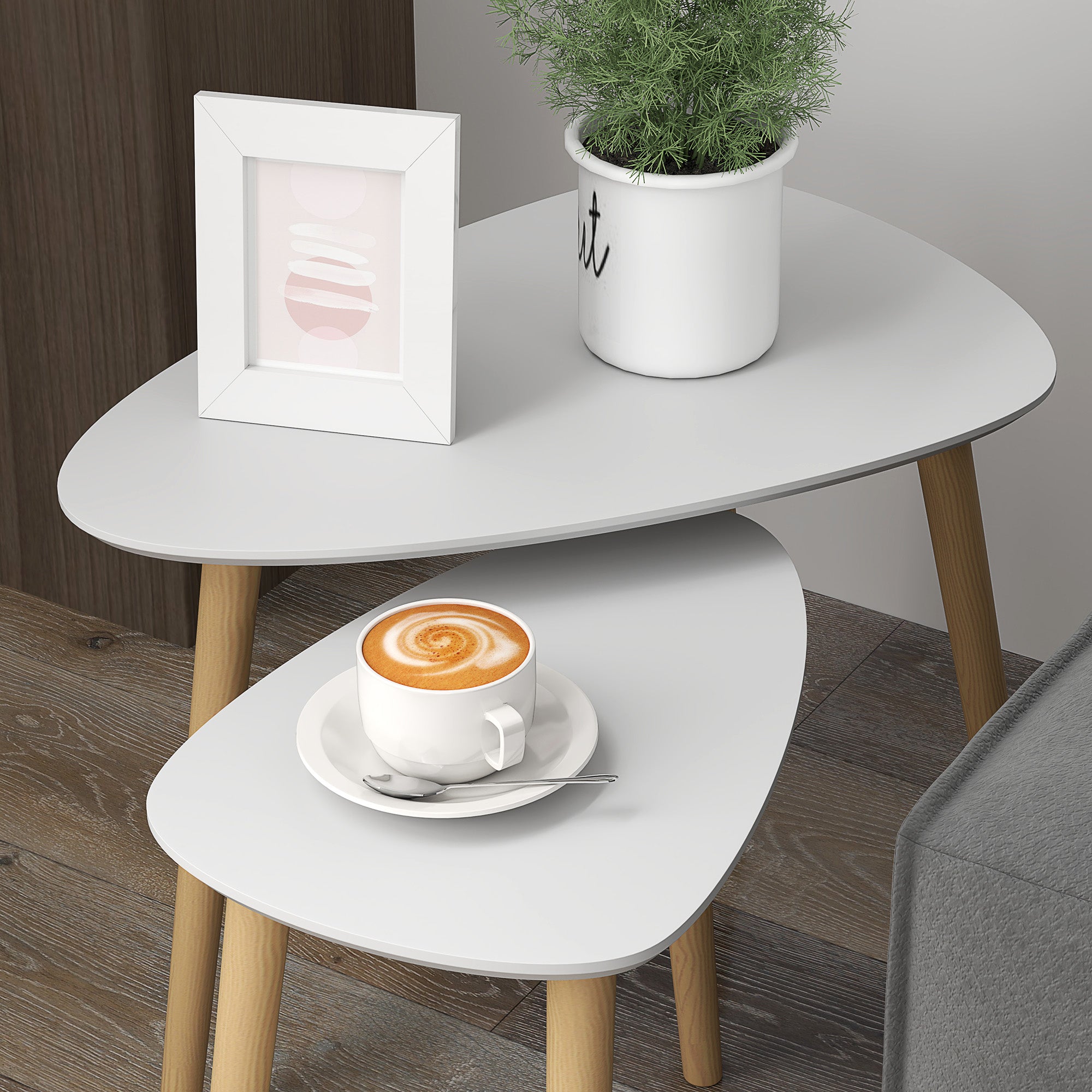 Nesting Coffee Table Set of 2 with Solid Wood Legs - Light Grey