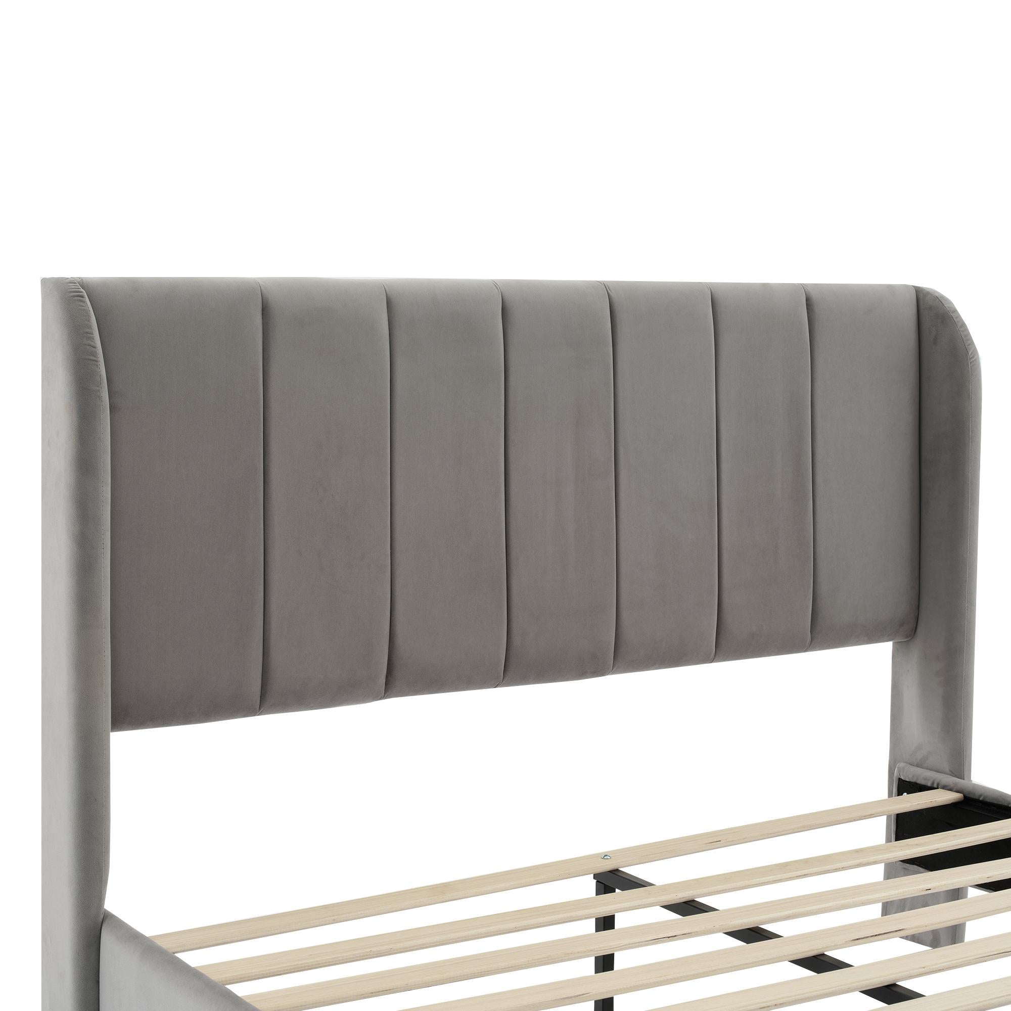 Double Upholstered Velvet Bed with Soft Backrest - Gray