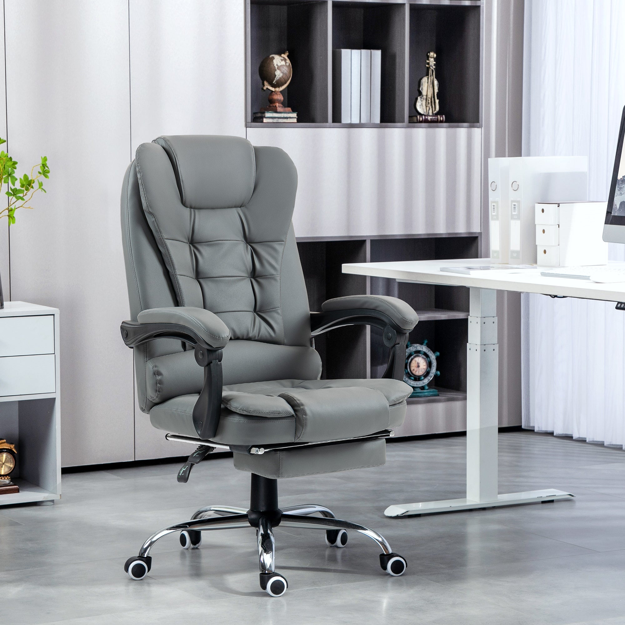 Executive Office Chair, PU Leather Home Office Chair with Swivel Wheels, Reclining Backrest, Retractable Footrest, Grey