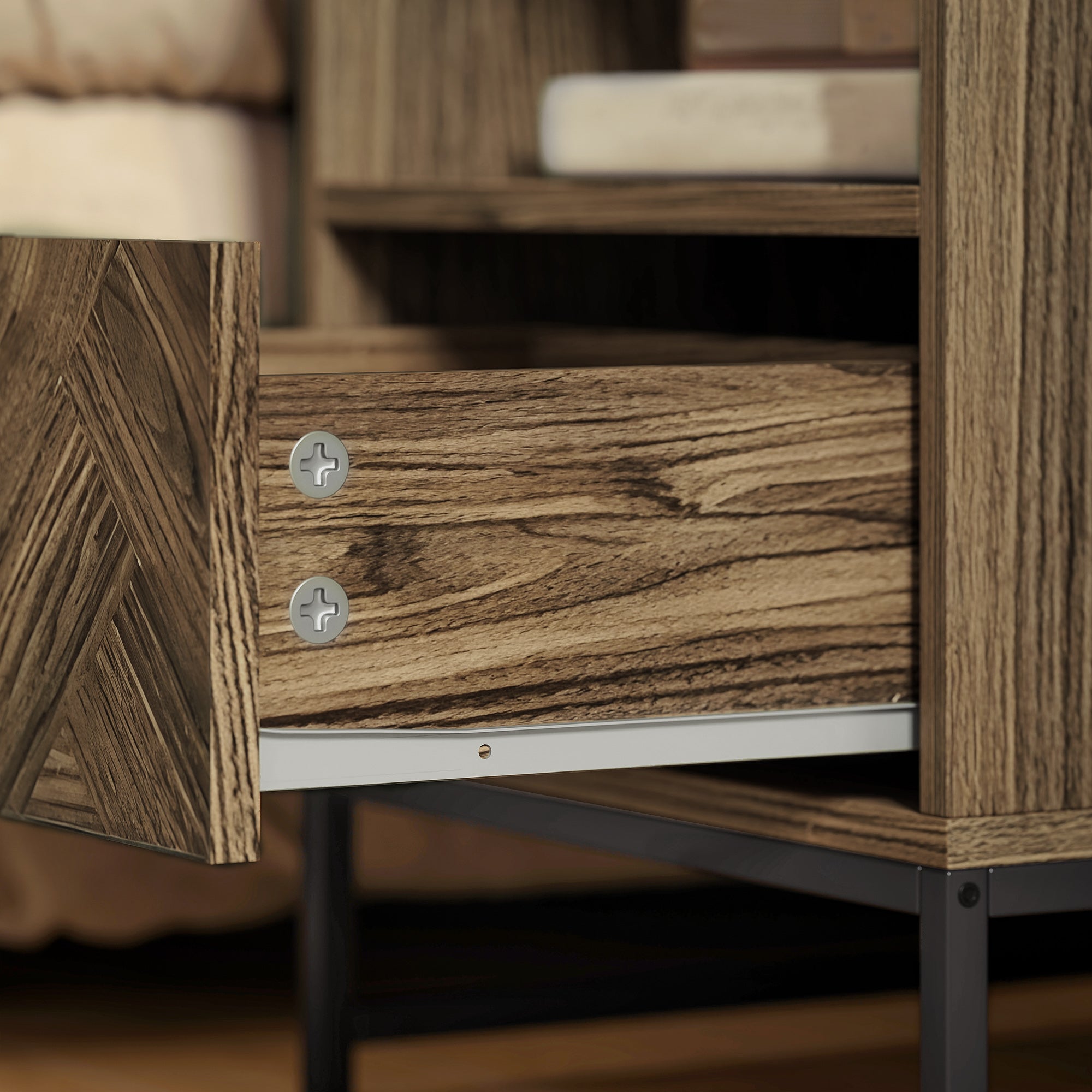 Bedside Table with Drawer and Shelf, Side End Table with Steel Legs for Living Room, Bedroom, Brown Wood Effect
