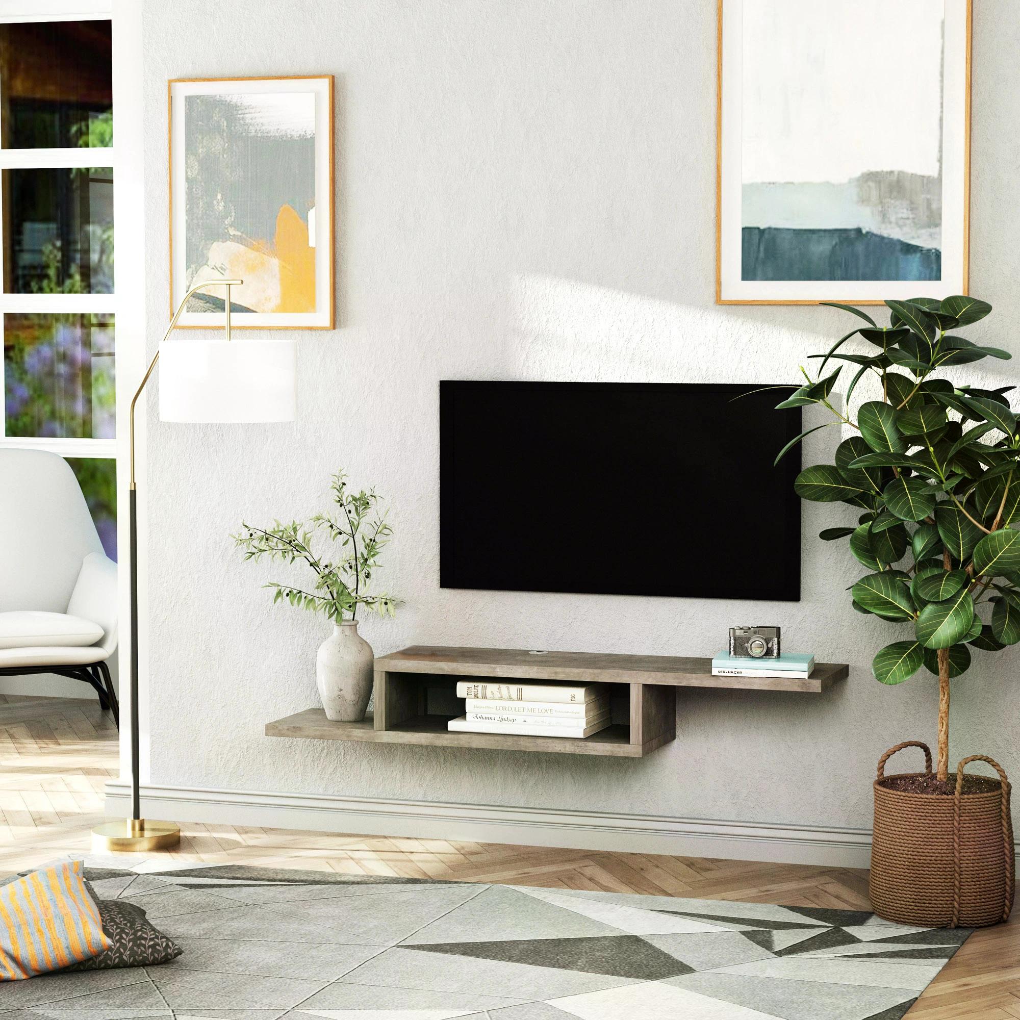 Floating TV Unit, Wall Mounted TV Stand with Open Shelf and 2 Cable Holes, Entertainment Unit for Living Room, Grey