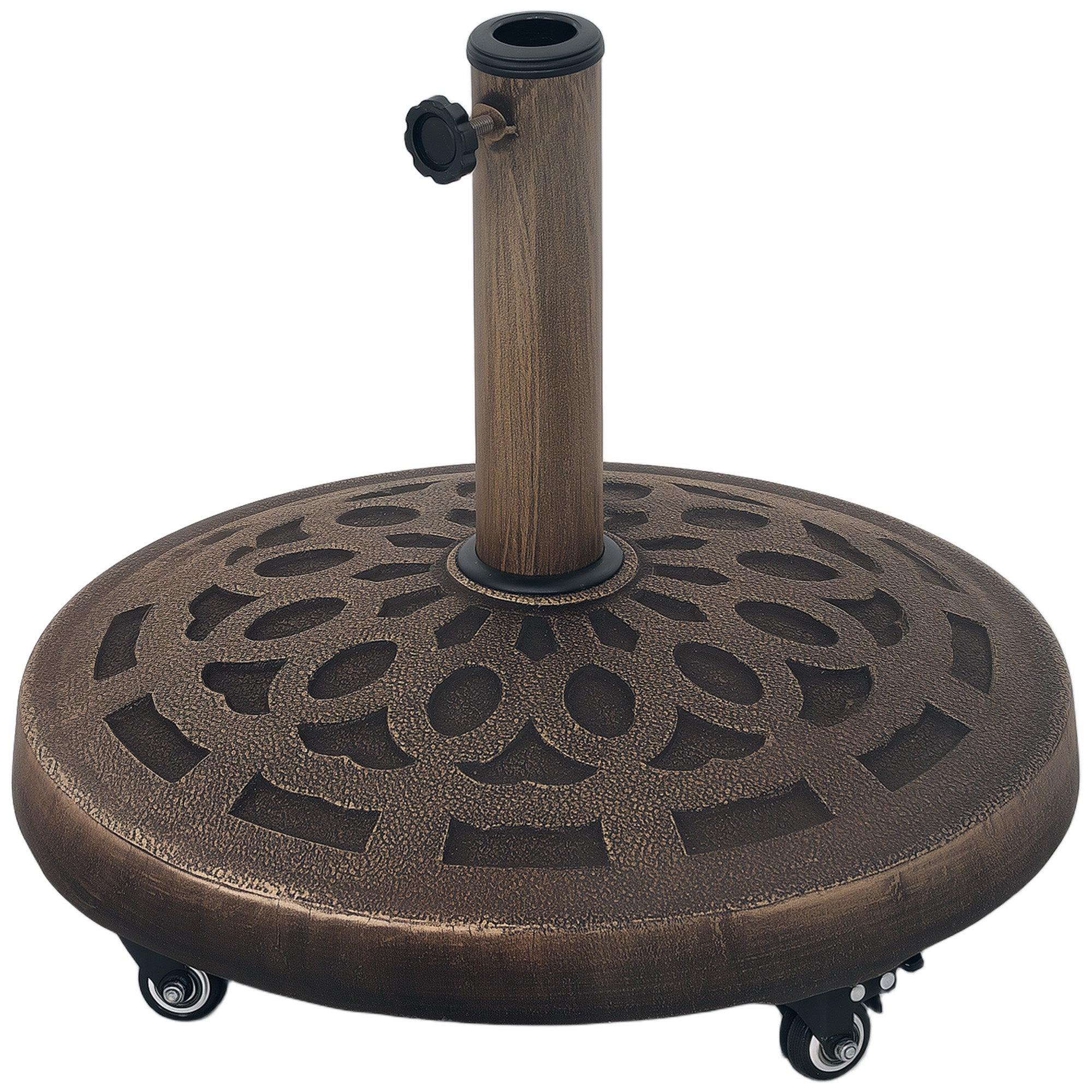 21kg Resin Garden Parasol Base with Wheels, Round Umbrella Stand, Heavy Duty Sun Umbrella Base for 34, 38, 48 mm Umbrella Poles for Deck Poolside, Bronze Tone