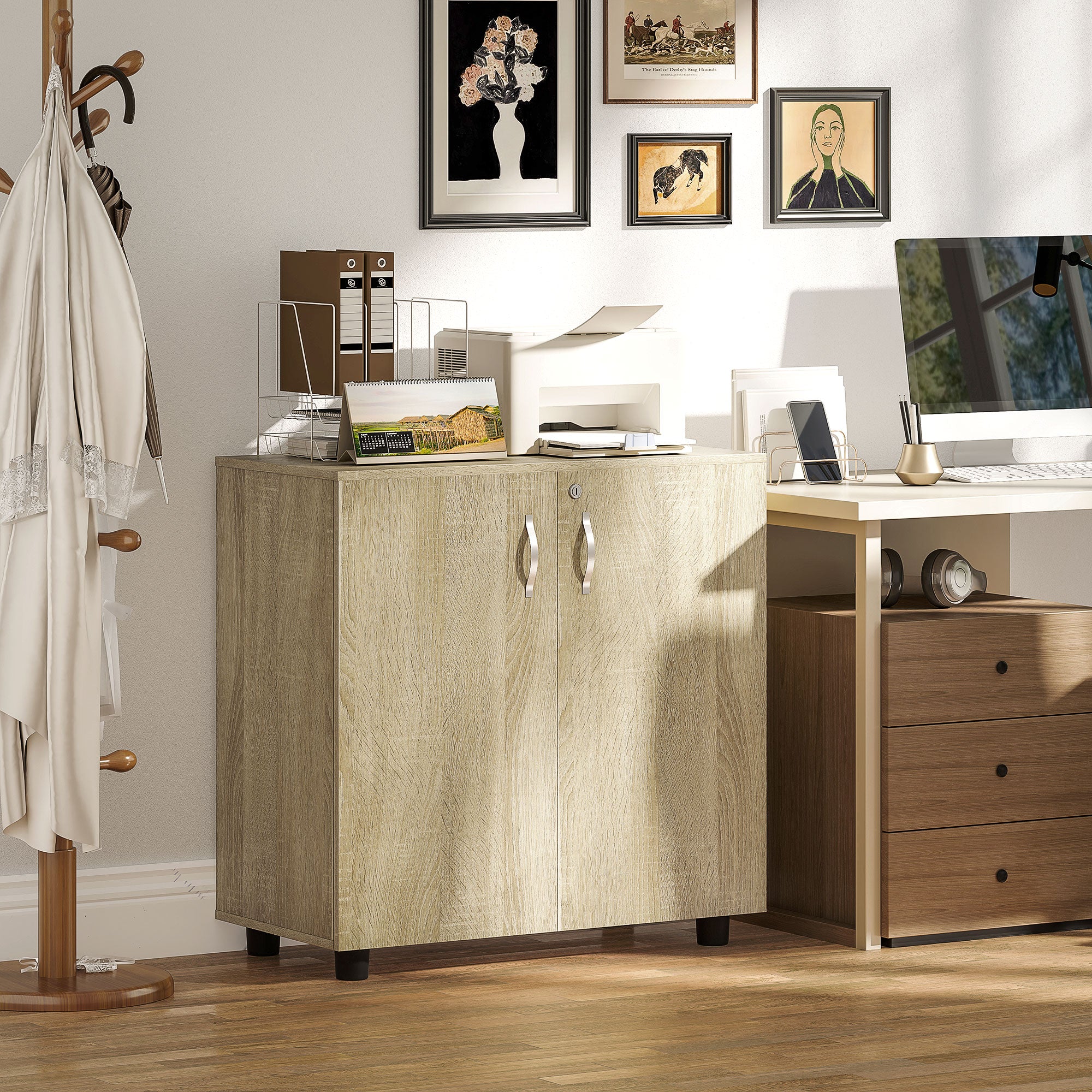 Two-Tier Locking Office Storage Cabinet with Keys - Oak