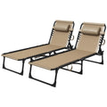 Portable Folding Sun Lounger Set of 2 with 5-Position Adjustable Backrest and Side Pocket - Beige