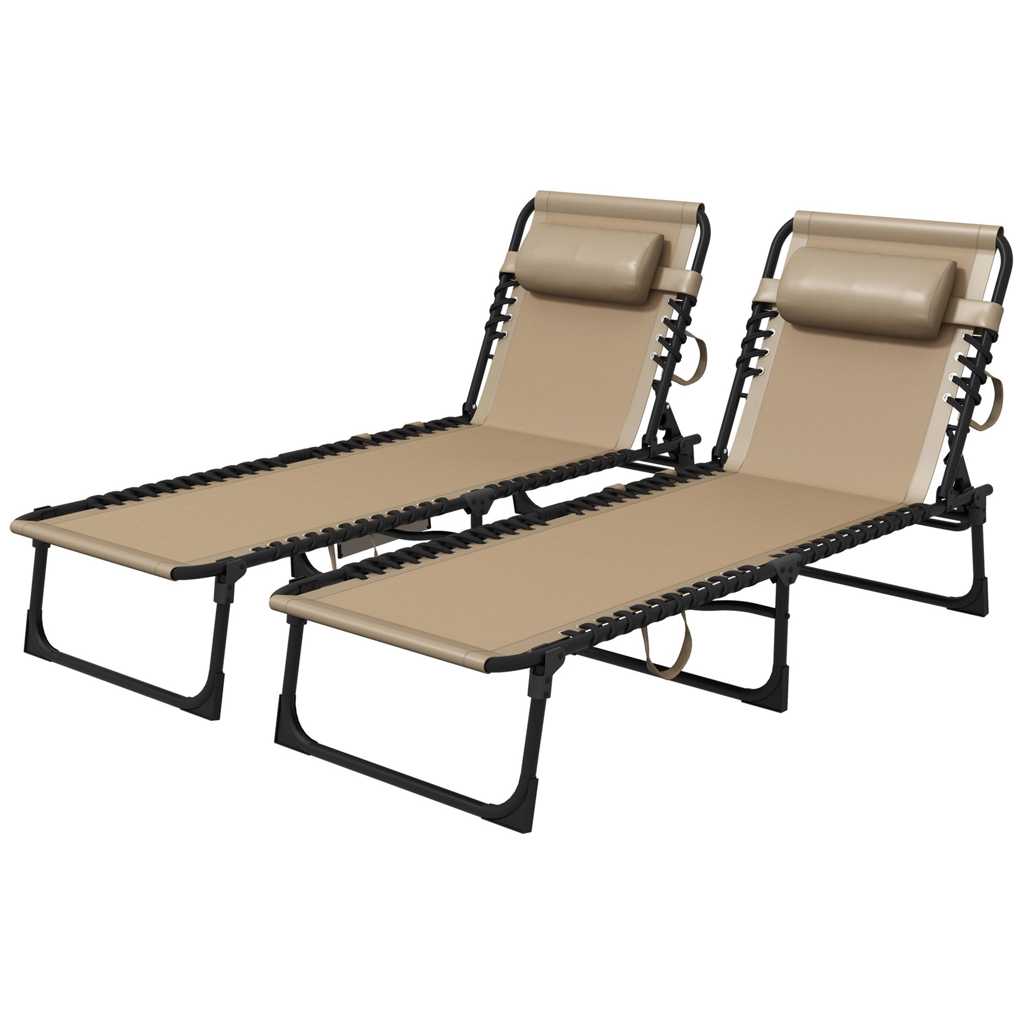 Portable Sun Lounger Set of 2, Folding Camping Bed Cot, Reclining Lounge Chair 5-position Adjustable Backrest with Side Pocket, Pillow for Patio Garden Beach Pool, Beige