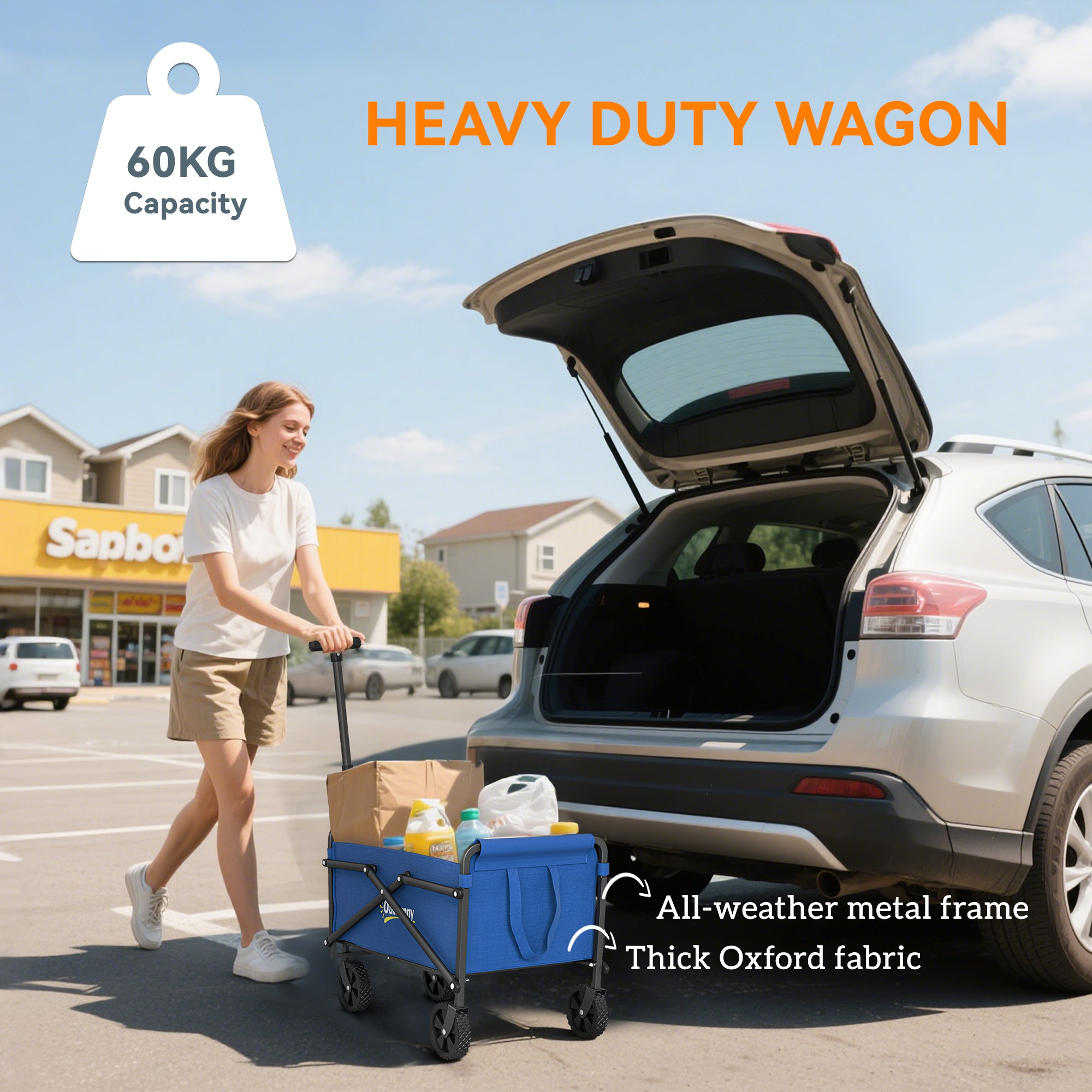 62L Festival Trolley on Wheels, Portable Small Folding Trolley Cart, 60kg Heavy Duty Collapsible Foldable Wagon with Adjustable Handle and Carrying Bag for Beach, Camping, Garden, Blue