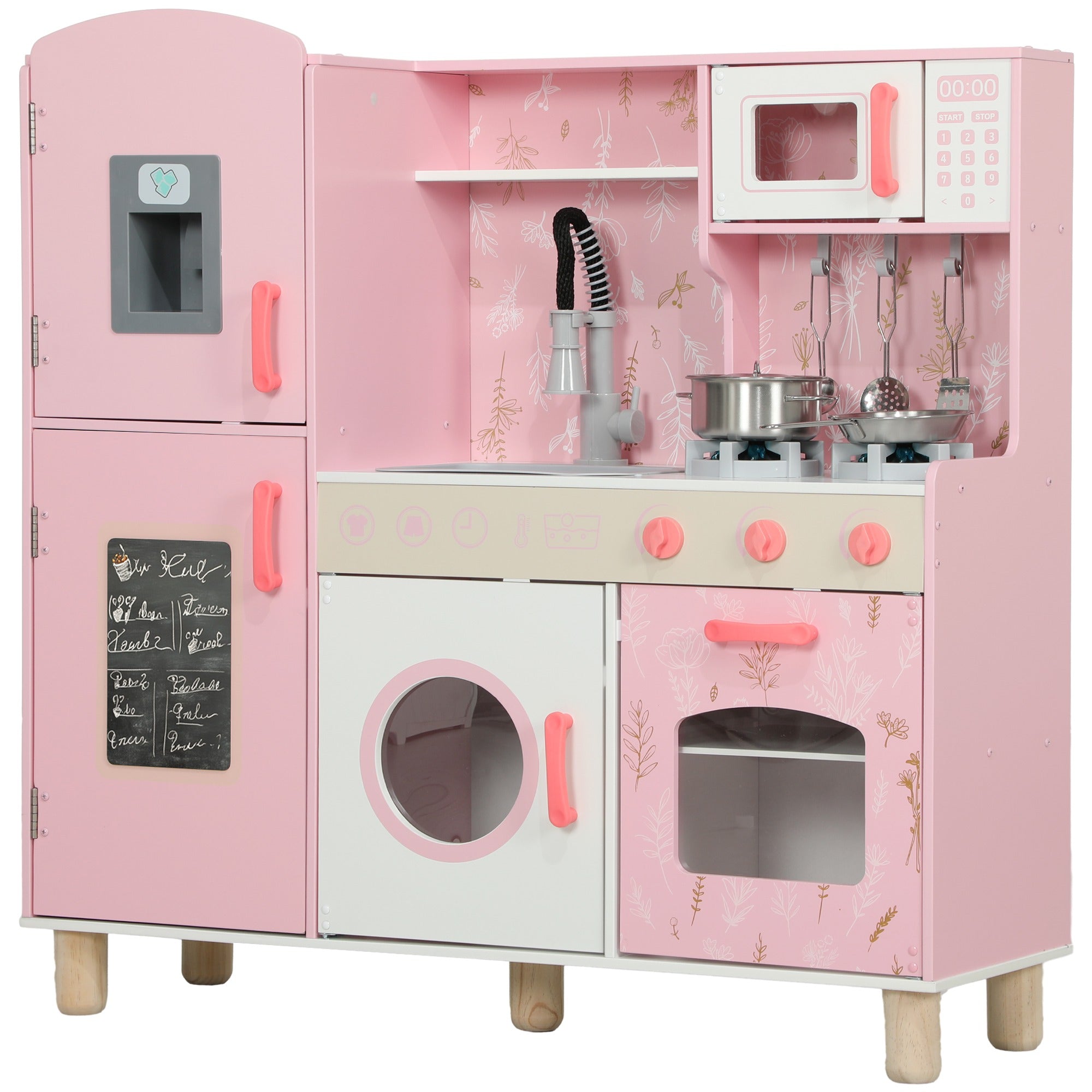 Play Kitchen, Kids Kitchen Set with Lights and Sounds, Double Stoves, Ice Maker, Chalkboard for 3+ Years - Pink