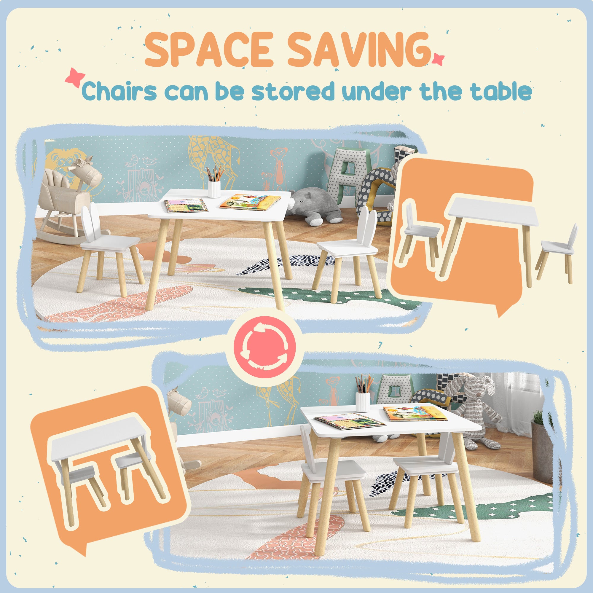 3 Pcs Toddler Table and Chair Set, Kids Desk and 2 Chairs Set w/ Bunny Ear Backrest, for Nursery, Playroom