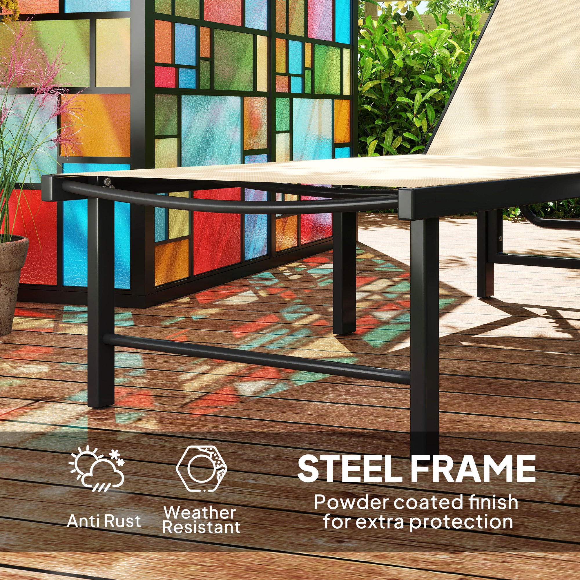 5-Level Adjustable Sun Lounger Chair with Texteline Seat and Steel Frame for Garden, Patio, Beach - Khaki
