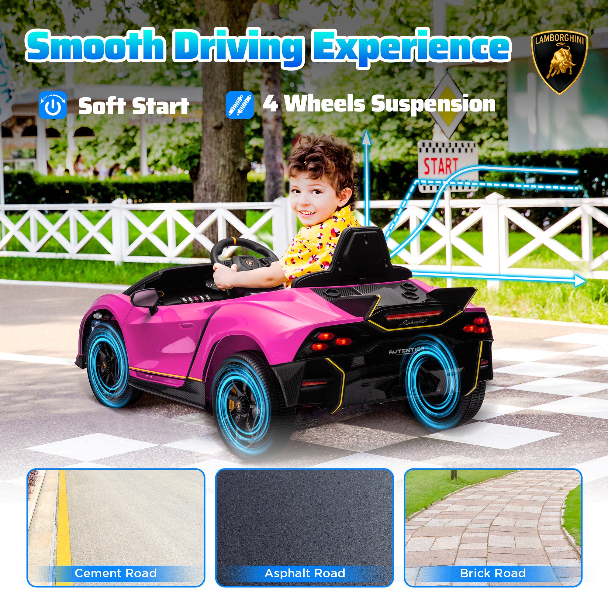 12V Lamborghini Autentica Licensed Kids Electric Car with Remote Control, Four Suspension Wheels, Soft Start, Pink