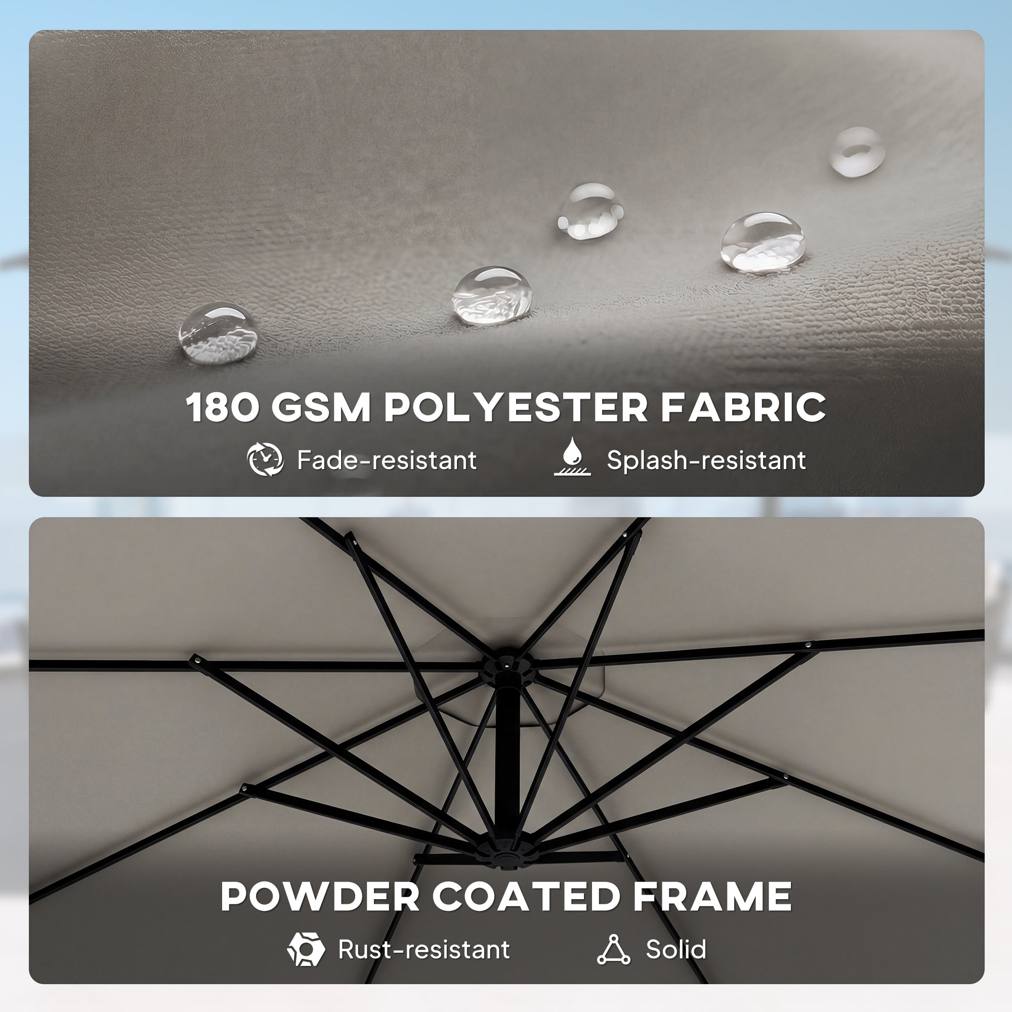 3 m Cantilever Parasol with Protective Cover and Wind Ropes, Banana Parasol with Crank Handle, Light Grey