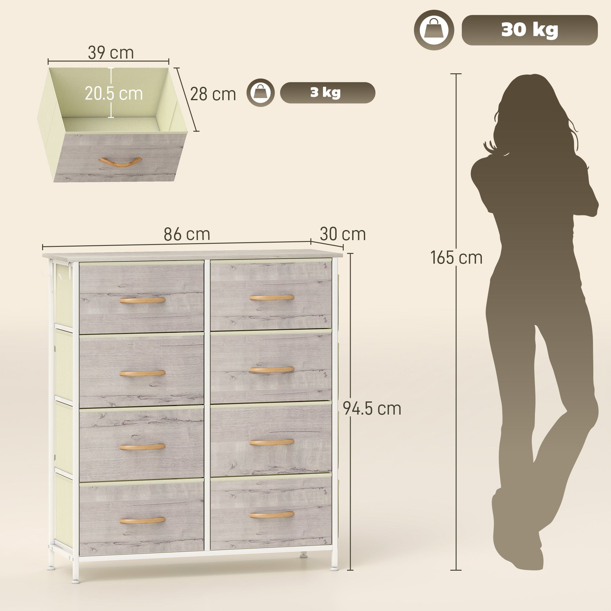 Chest of Eight Fabric Drawers - Natural Wood Finish