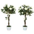 Set of Two Faux Rose Trees with Cement Pot - White