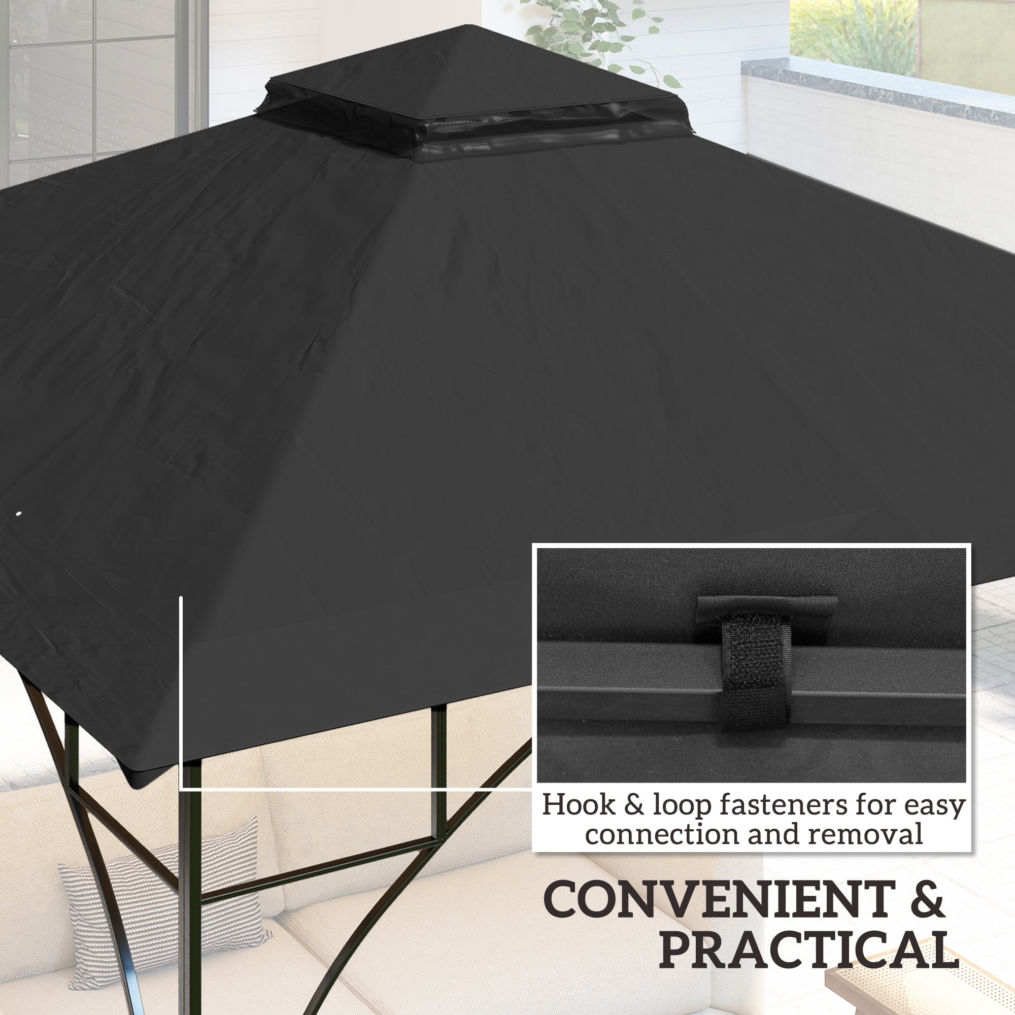 3x3(m) Replacement Gazebo Canopy, Double Tier Roof Top for Garden, Patio, Outdoor, Black (TOP ONLY)