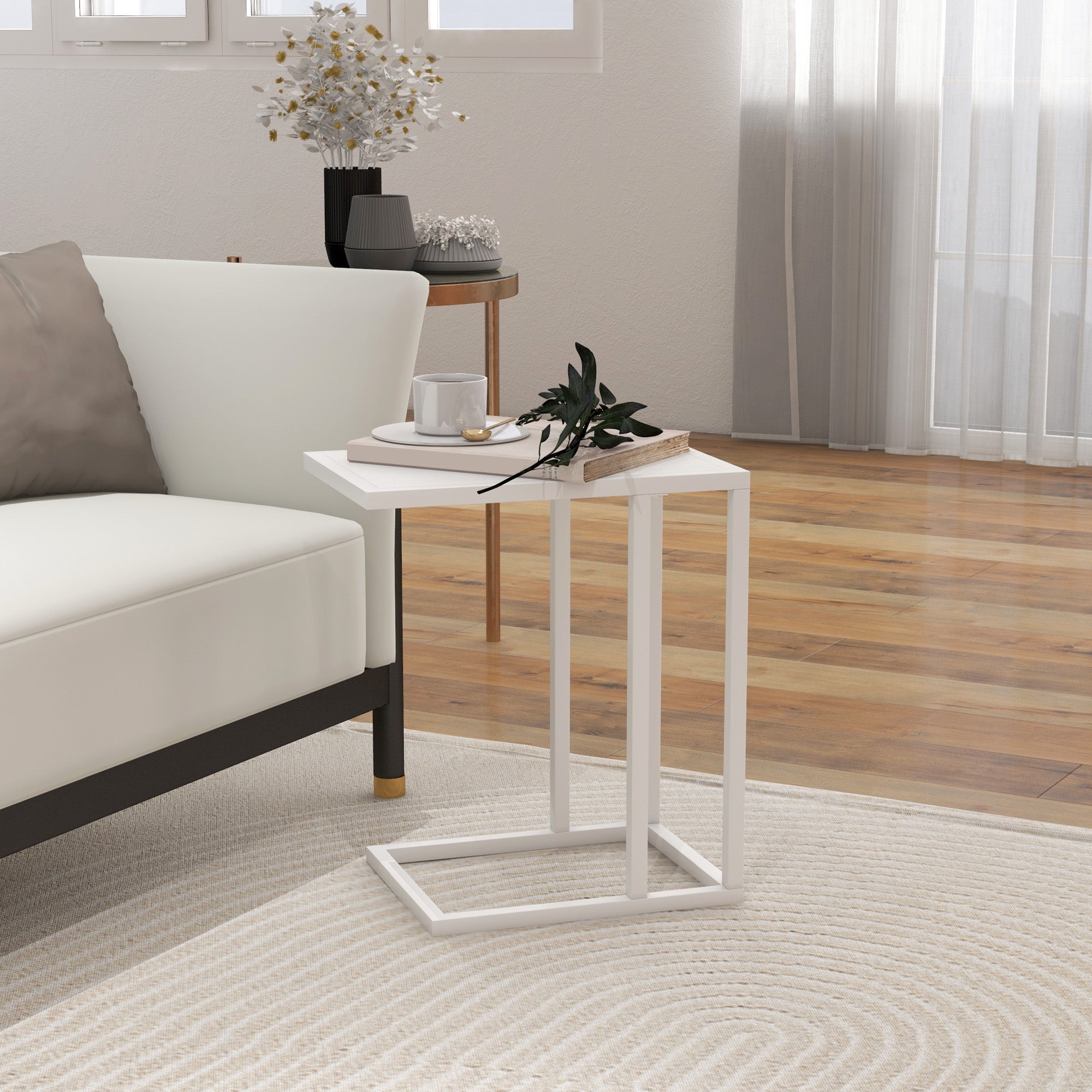 C Shape Bedside Table w/Metal Frame Wood-Effect Top Sofa Narrow Snack End Table for Living Room, White