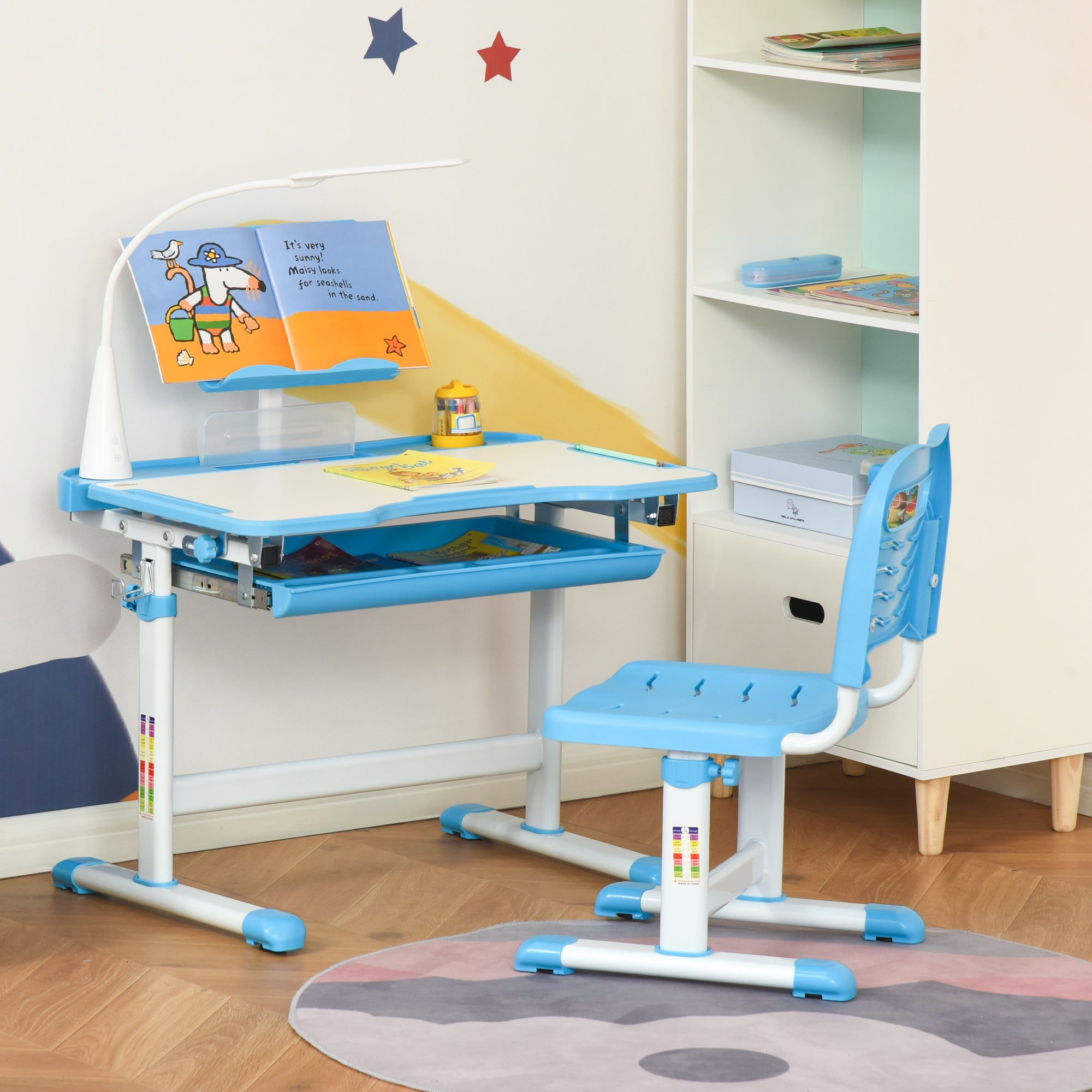 Kids Study Desk and Chair Set w/ Adjustable Height, Storage, Drawer, Blue