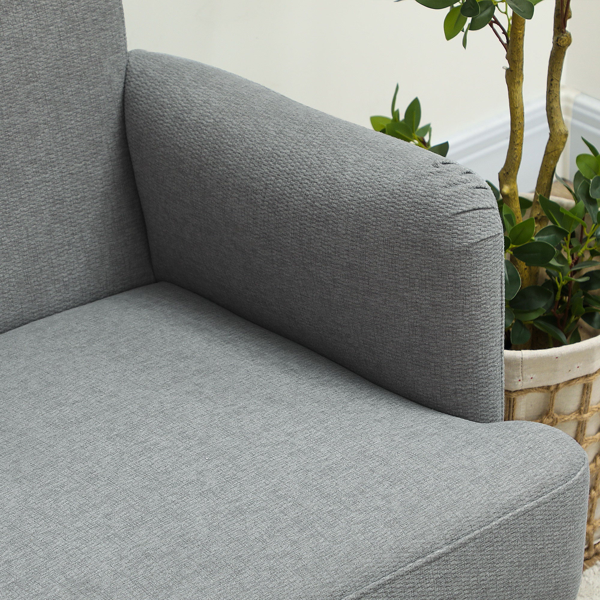 Velvet Feel Fabric 2 Seater Sofa, Small Sofa Loveseat with 21cm Thick Padding and Wood Legs, Grey