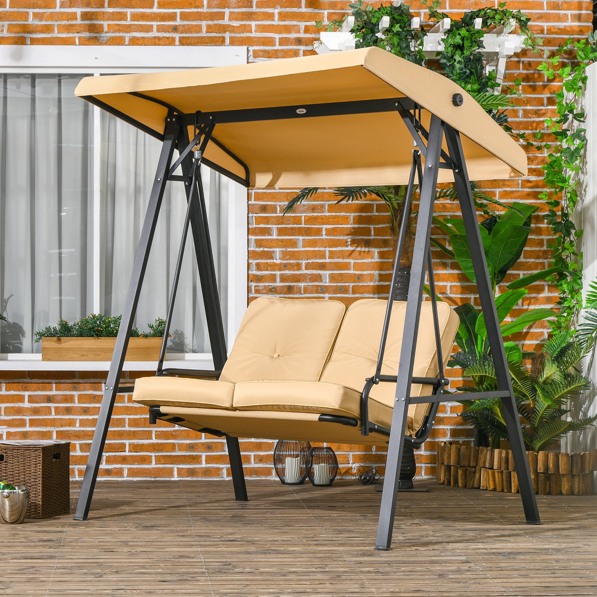 Two-Seater Garden Swing Bench, with Adjustable Canopy - Beige