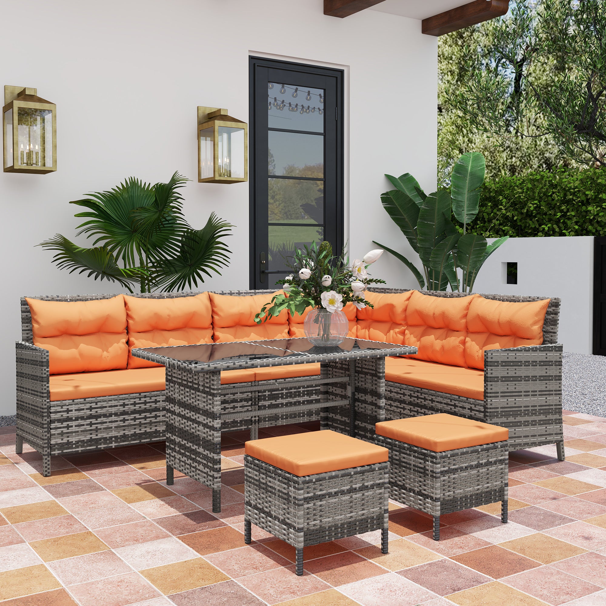 7-Seater Patio Wicker Rattan Sofa Set with Glass Table & Cushions - Orange