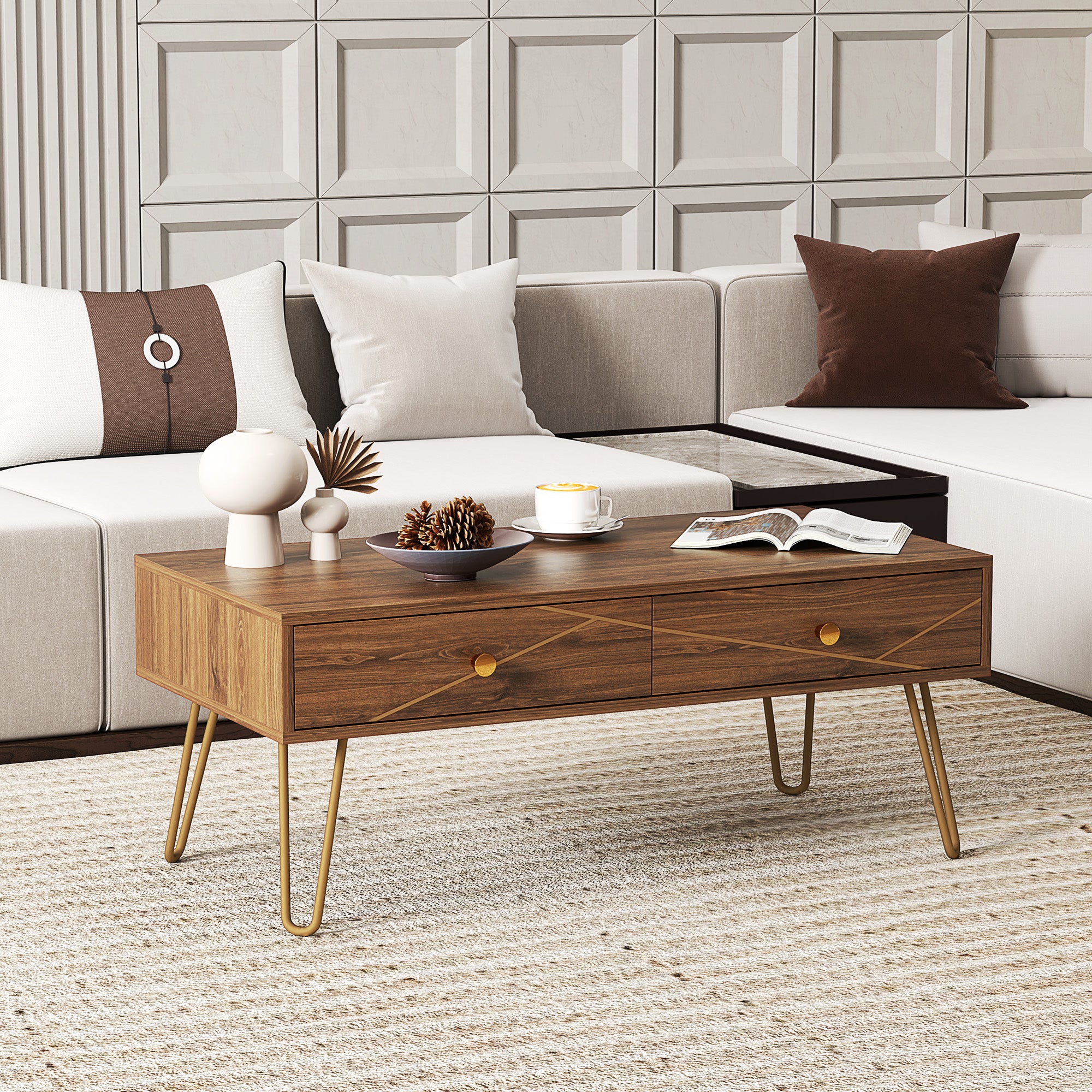 Rectangular Coffee Table with Storage Drawers 100x50x41 cm Steel Base - Brown