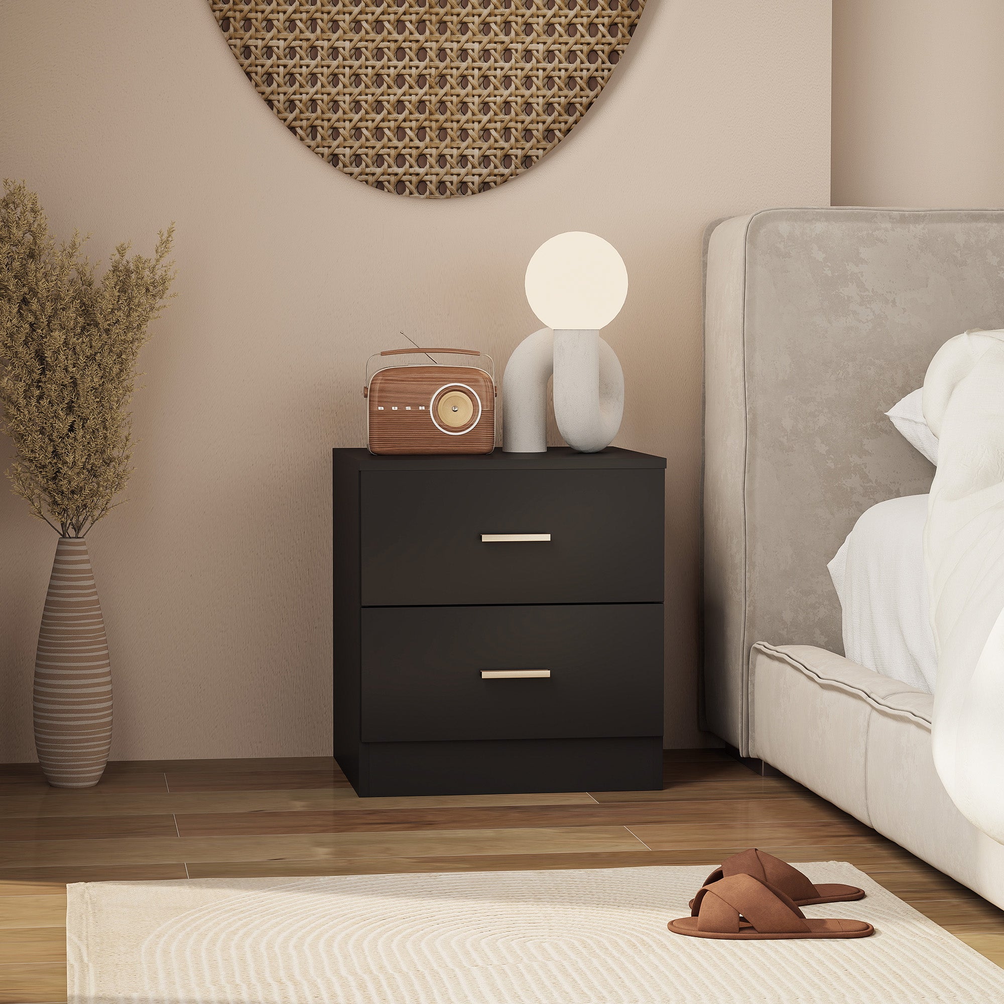 Modern Bedside Table, Beside Cabinet with 2 Drawers, for Bedroom, Living Room, Black