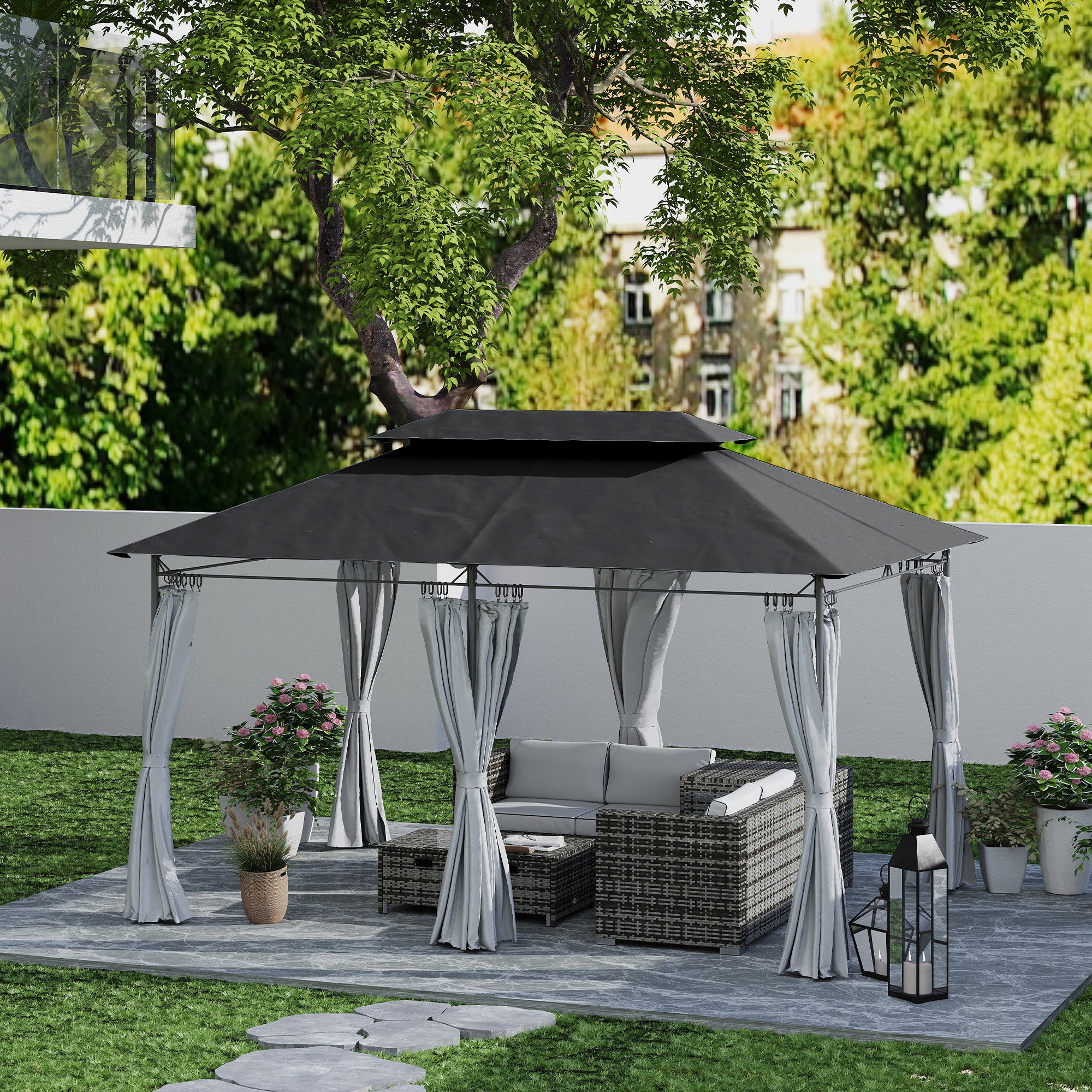 3 x 4m Metal Frame Two-Tier Roof Gazebo - Dark Grey