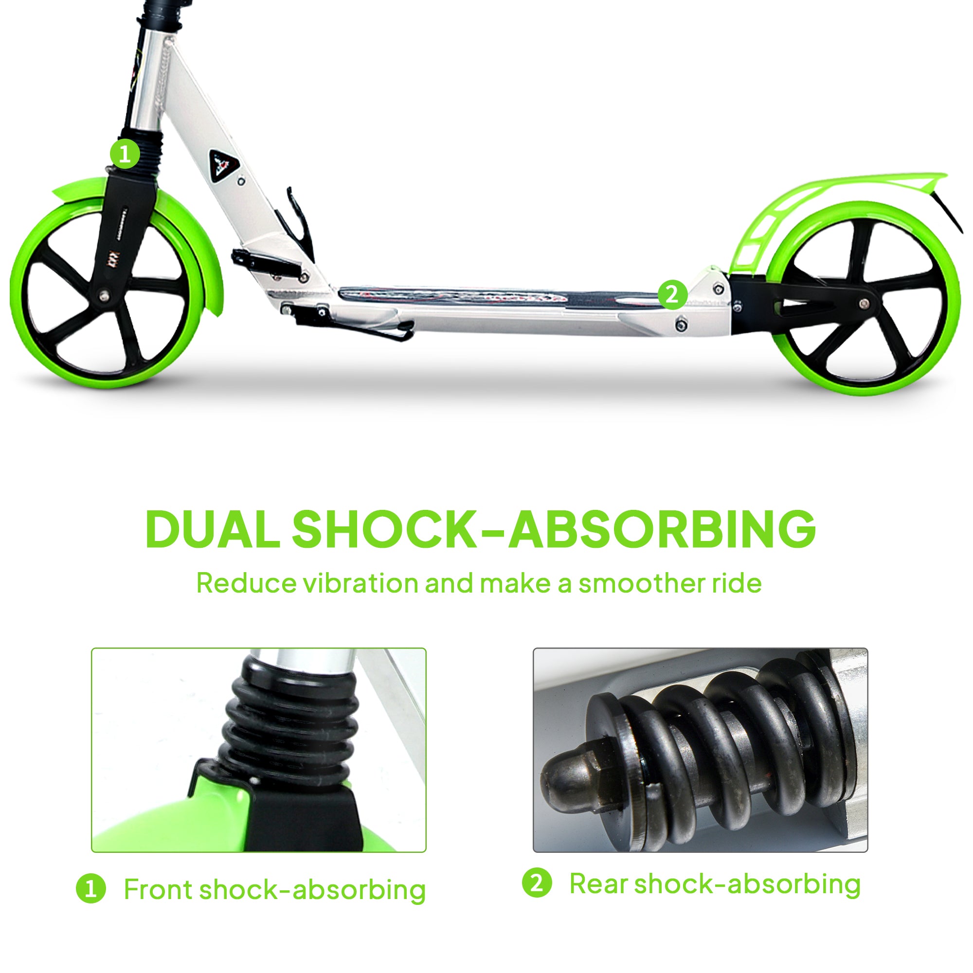 Folding Kick Scooter, Adjustable Ride On Scooter with 200mm Big Wheels and Double Shock Absorption, Urban Scooter for 14+ Teens Adult, Green