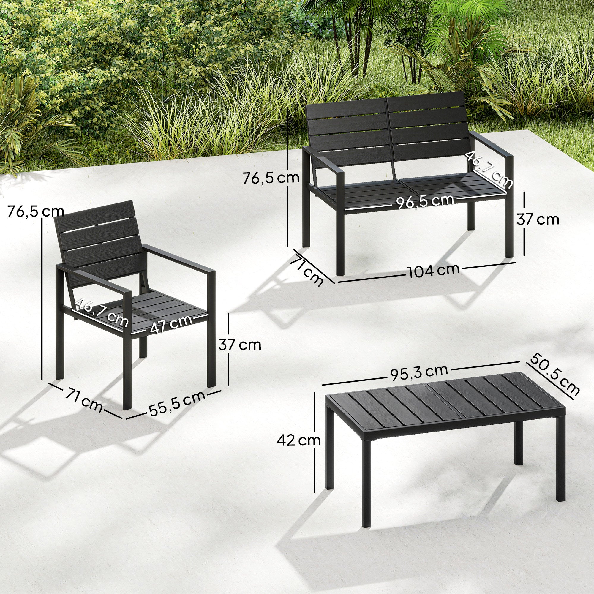 4 Piece Garden Furniture Set, Outdoor Sofa Set with HDPE Slatted Loveseat Armchairs Coffee Table Metal Frame, Black