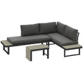 4 Seater L Shaped Aluminium Sectional Garden Furniture Set with 2 Loveseats & Wood-Plastic Coffee Table - Dark Grey