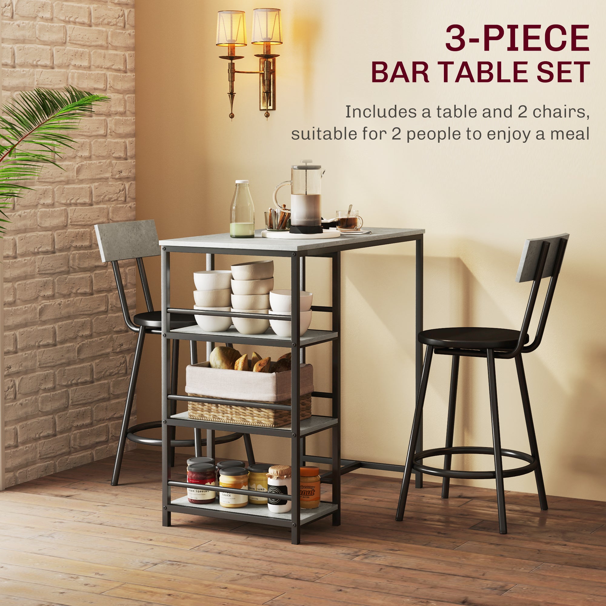 Three-Piece Kitchen Dining Set with Shelves - Grey/Black