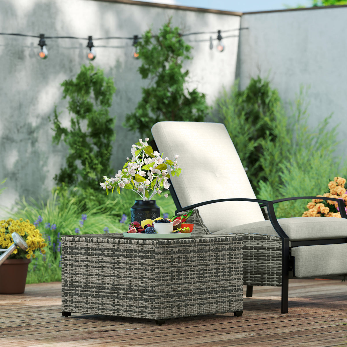 62 x 62cm Rattan Side Table with Glass Top - Light Grey