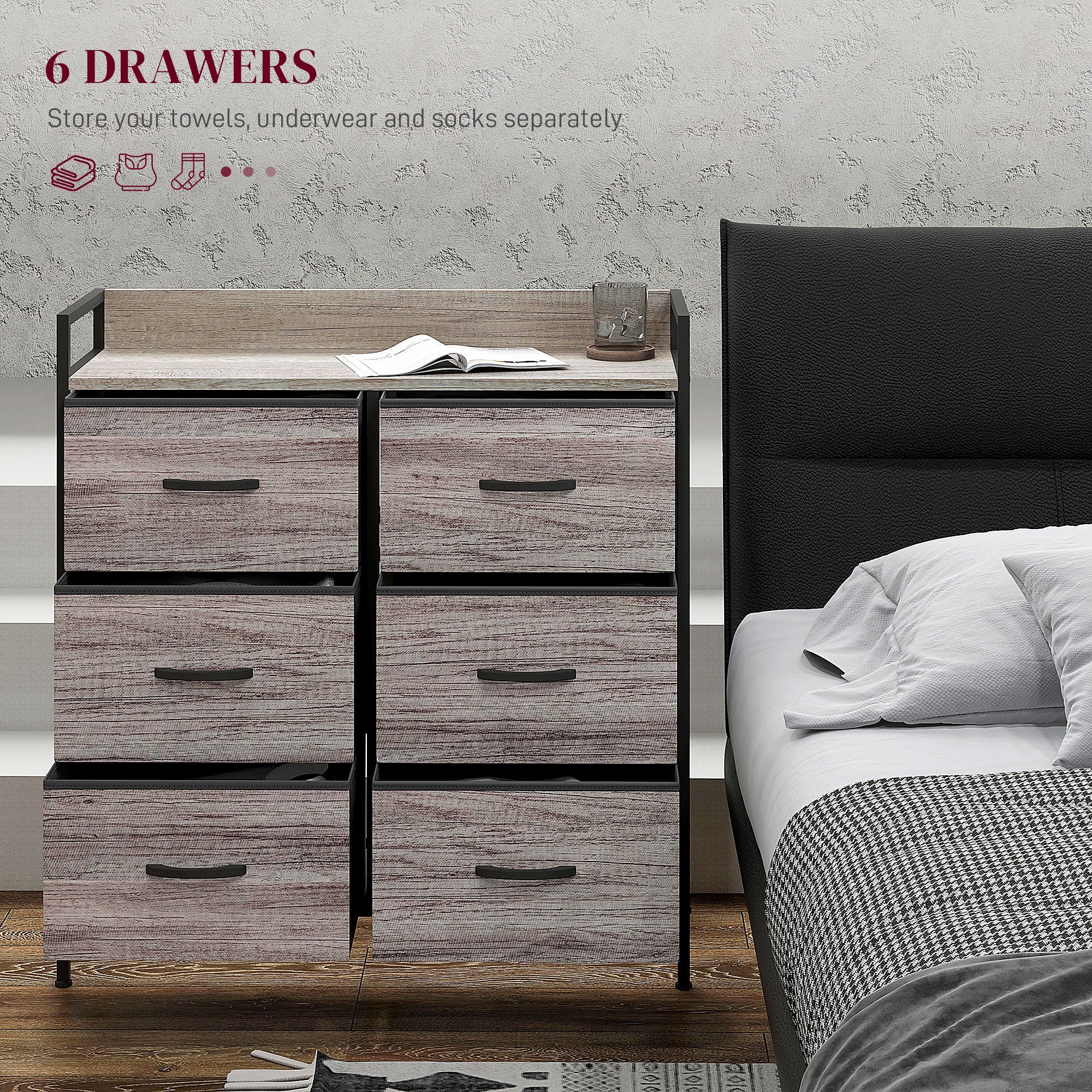 Rustic Chest of Six Fabric Drawers - Grey Wood Effect