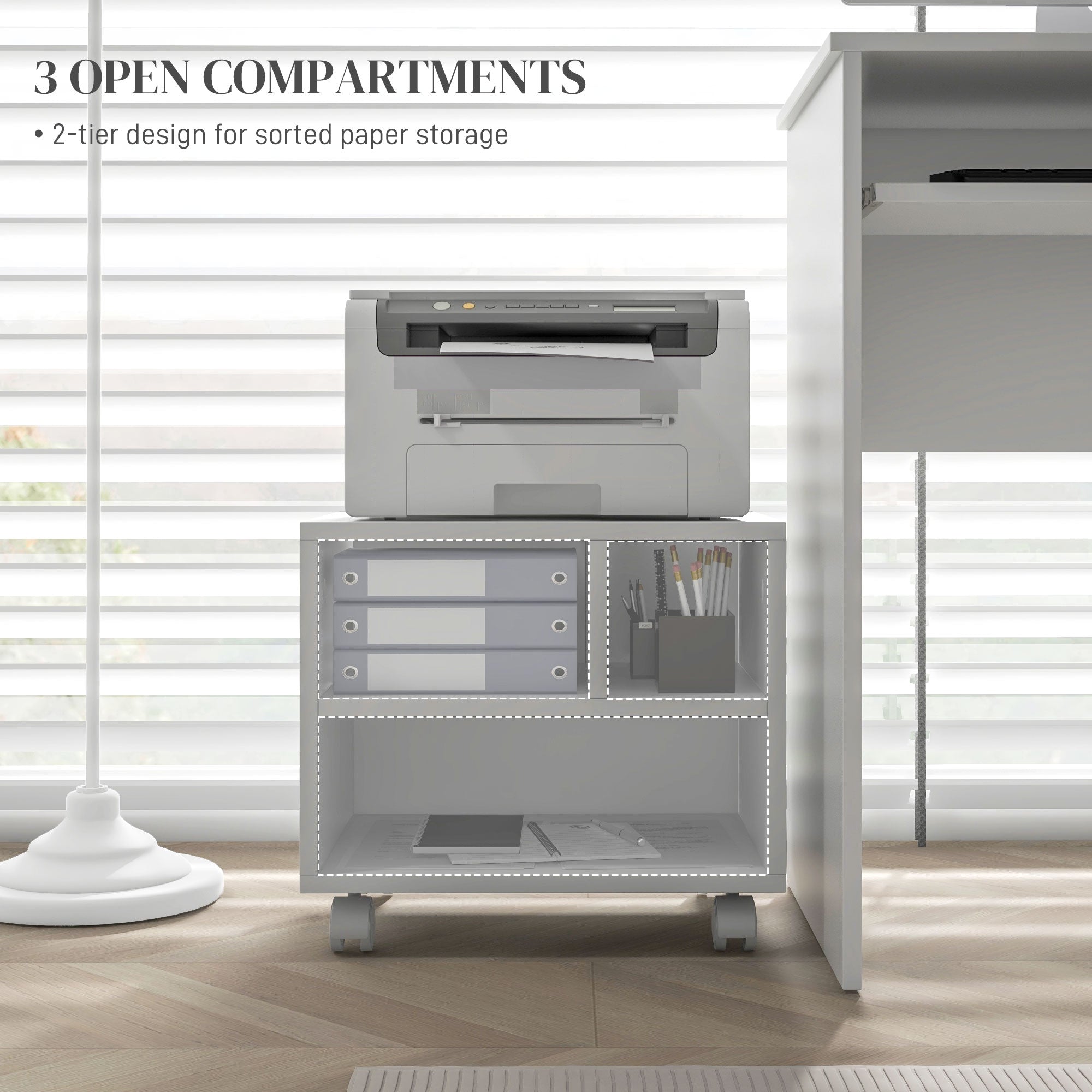 Three-Compartment Printer Cabinet, with Wheels - White