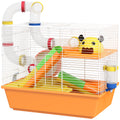 3 Tiers Gerbil and Hamster Cage with Tubes, Exercise Wheel, Ladder, Top Handle - Orange