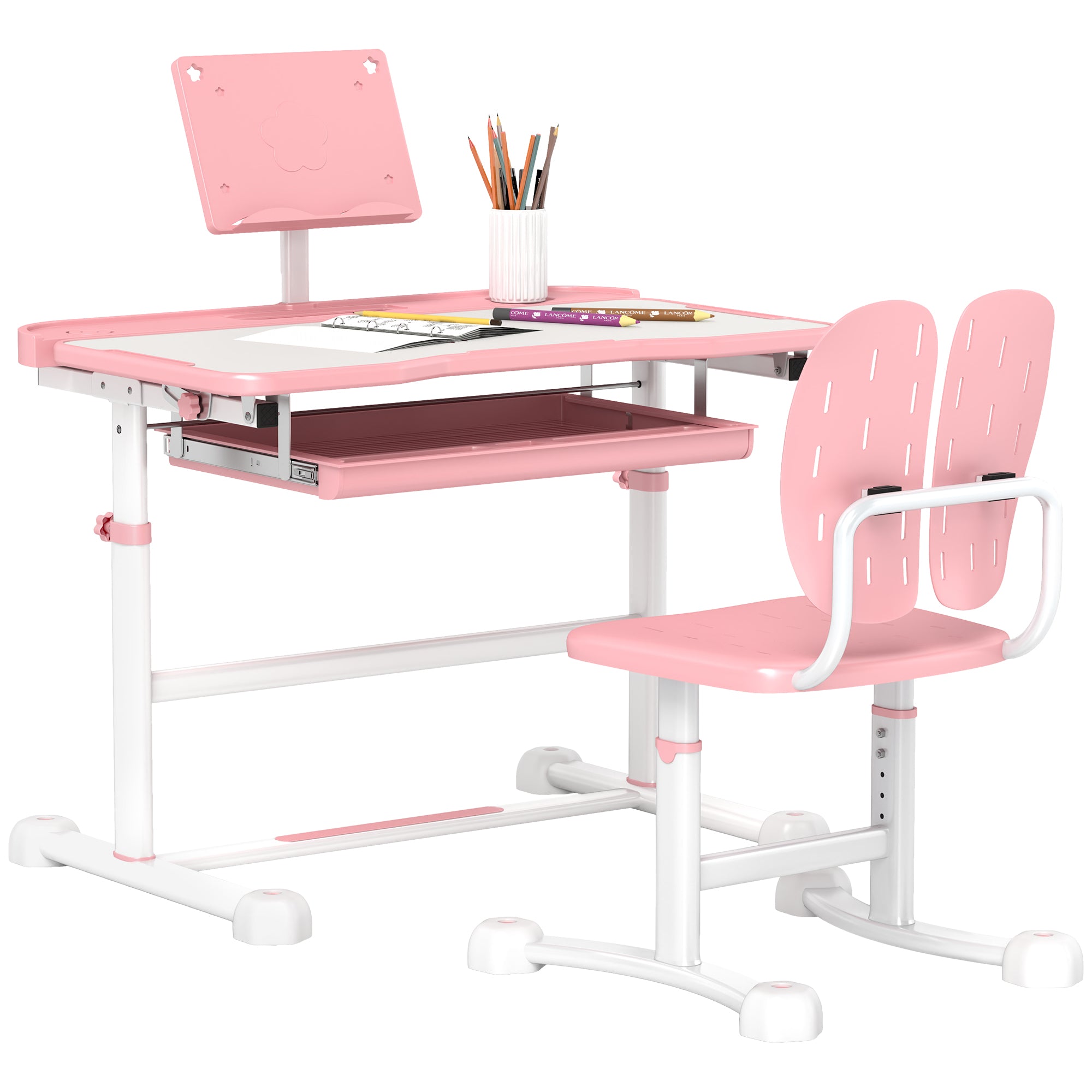 Height Adjustable Kids Desk and Chair Set, School Study Writing, Reading Table Chair Set w/ Tilted Desktop, Pink