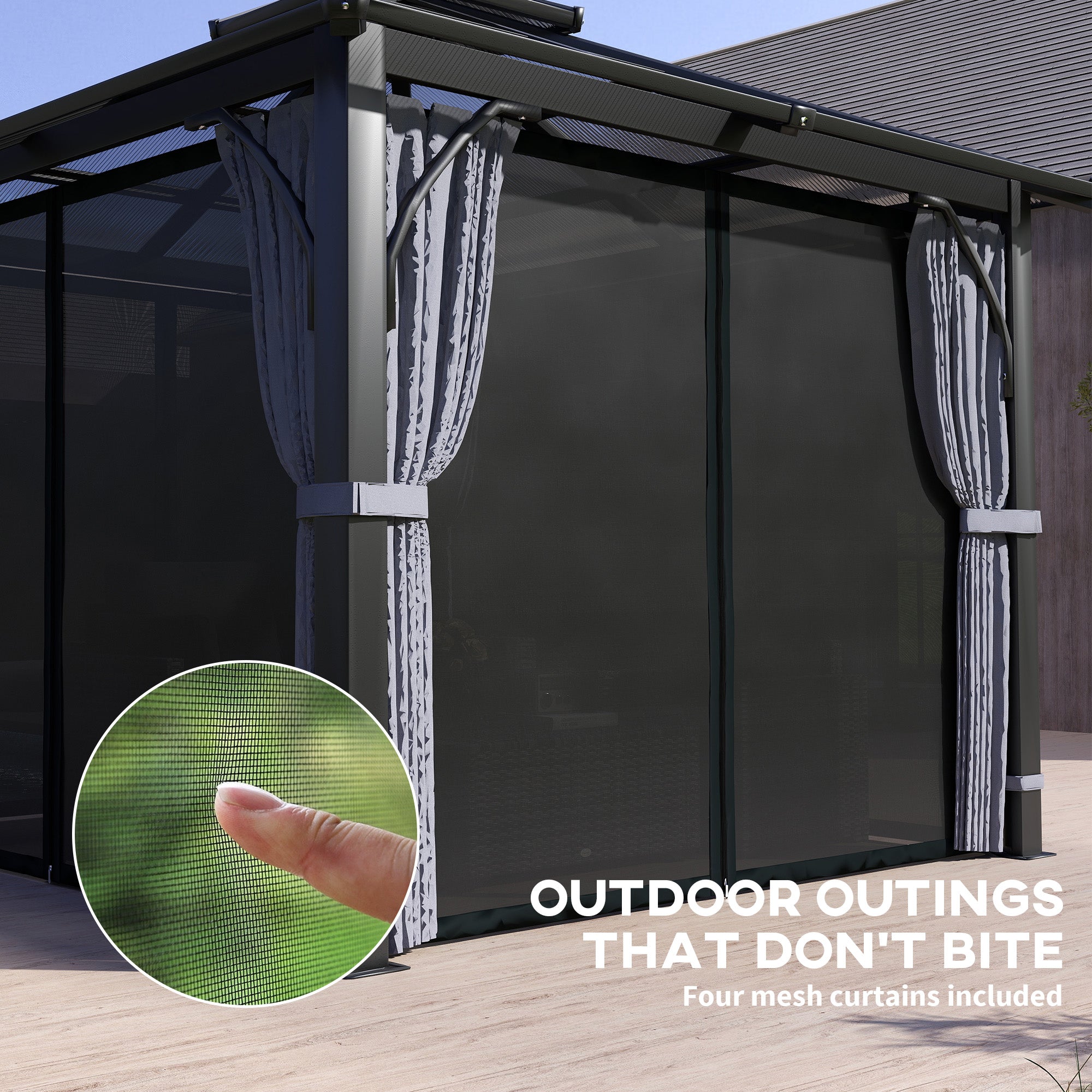 3 x 3m Hardtop Gazebo Canopy with 7mm Double Polycarbonate Roof, Mosquito Netting & Curtains - Dark Grey