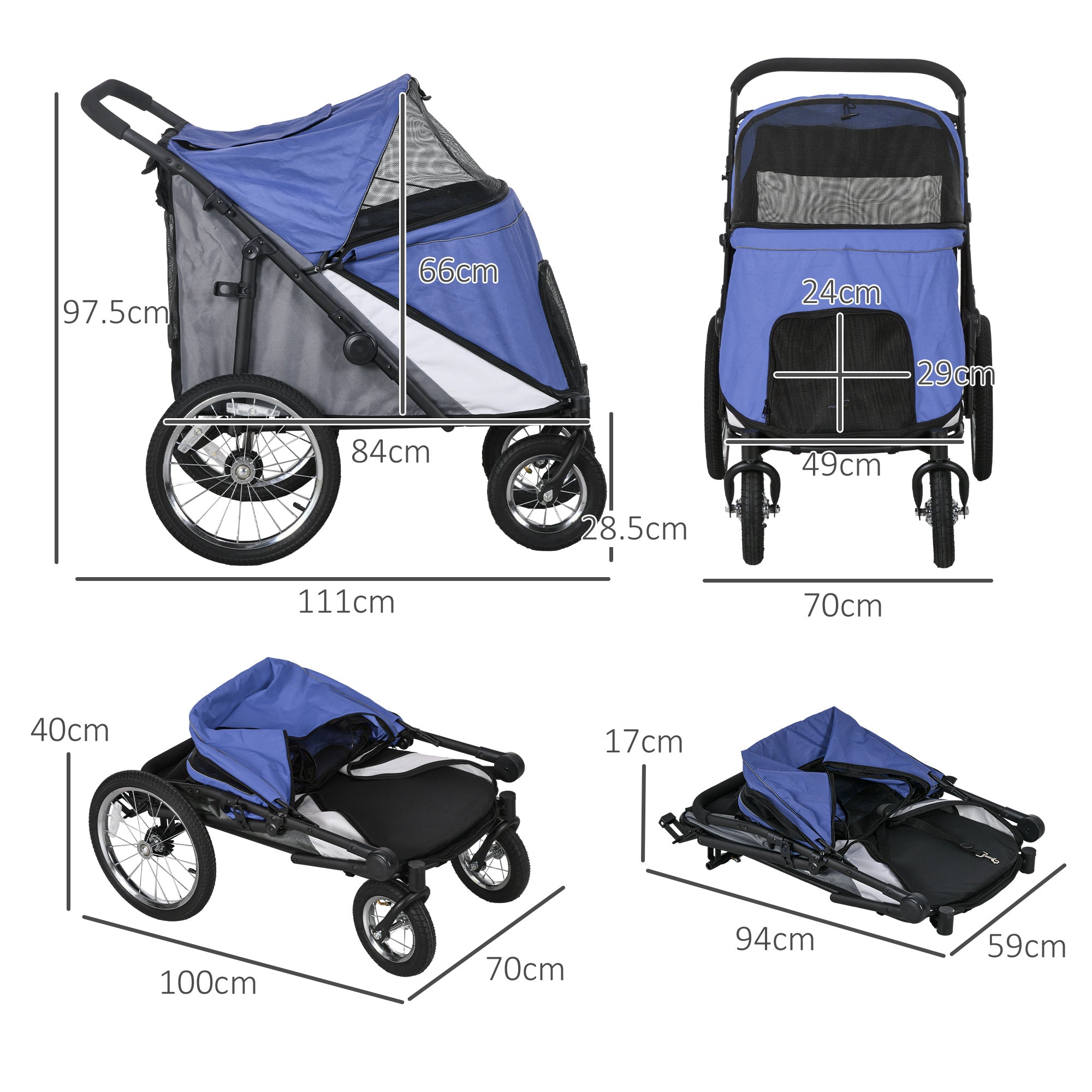 Foldable Pet Stroller, with Washable Cushion, Storage Bags, Safety Leash, for Medium, Large Dogs, Catts, Travel - Blue