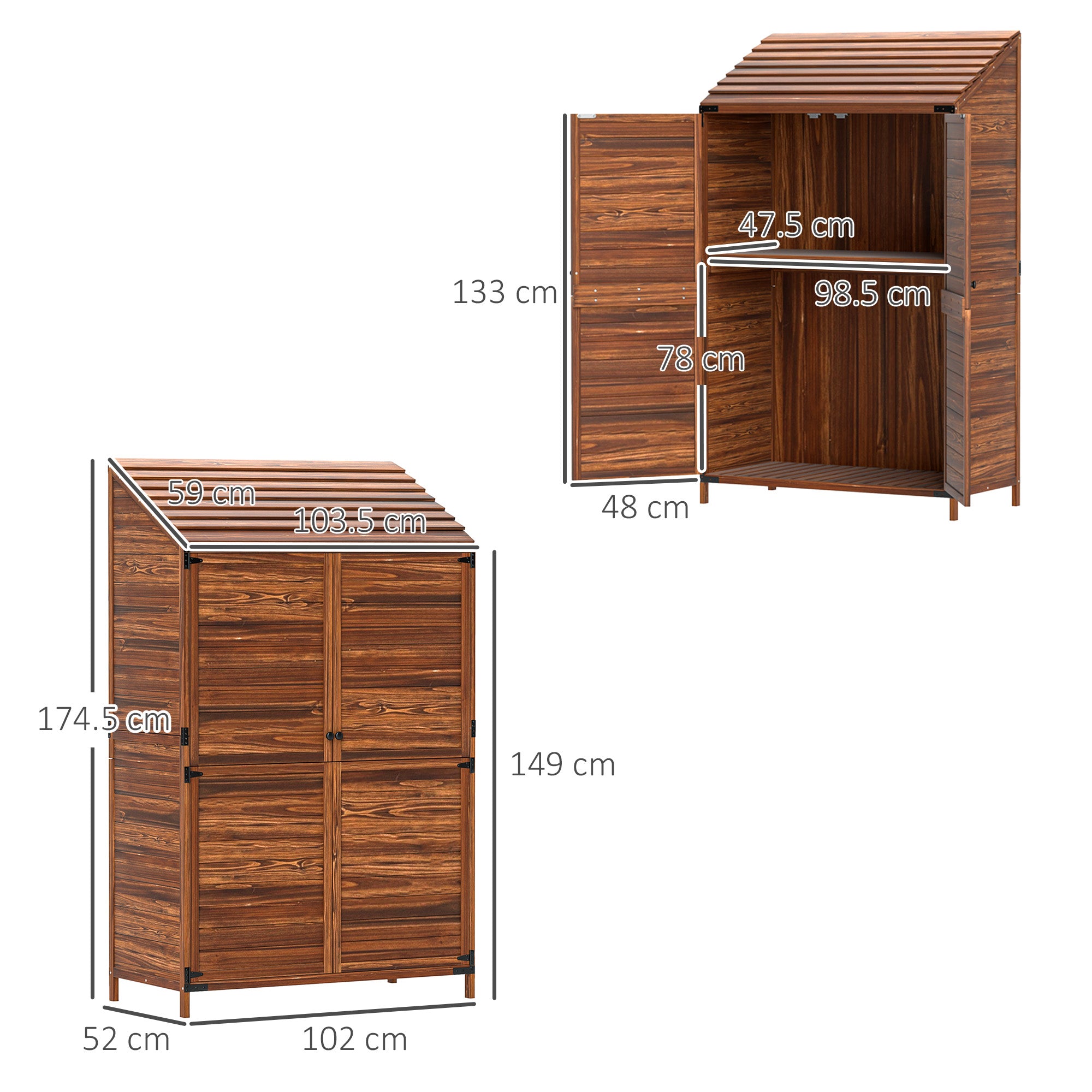 Two-Tier Wooden Garden Shed with Double Doors and Shelves - Brown