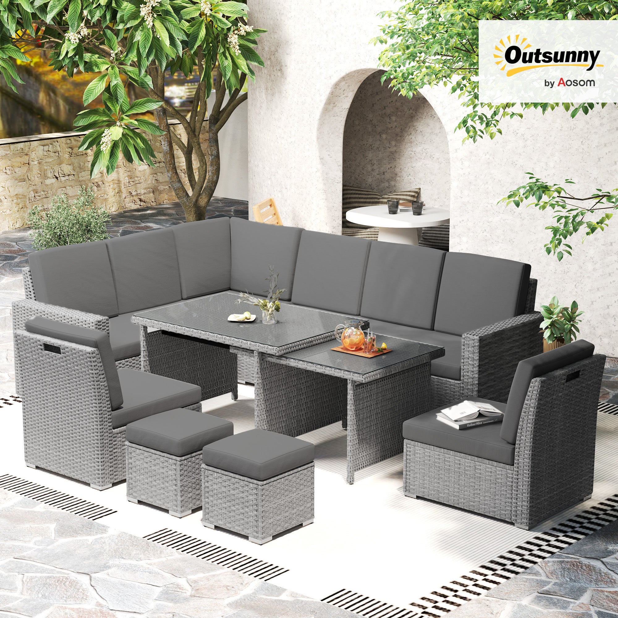 Seven-Piece Rattan Garden Sofa Set, with Expanding Table - Light Grey