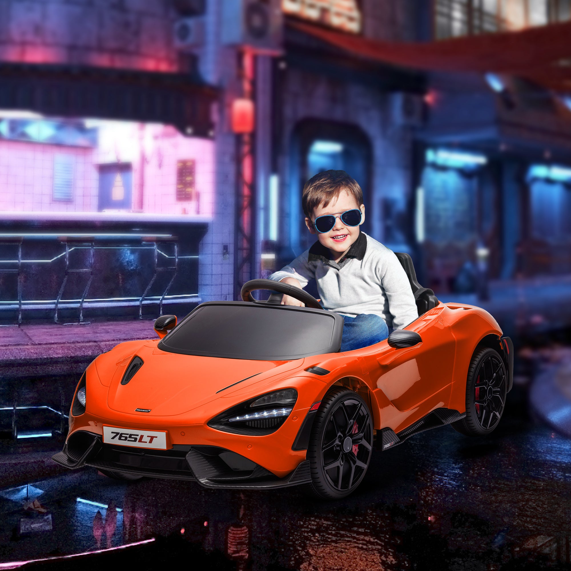 McLaren 765LT Licensed 12V Kids Electric Ride on Car with Butterfly Doors Remote Control Transport Wheels Orange